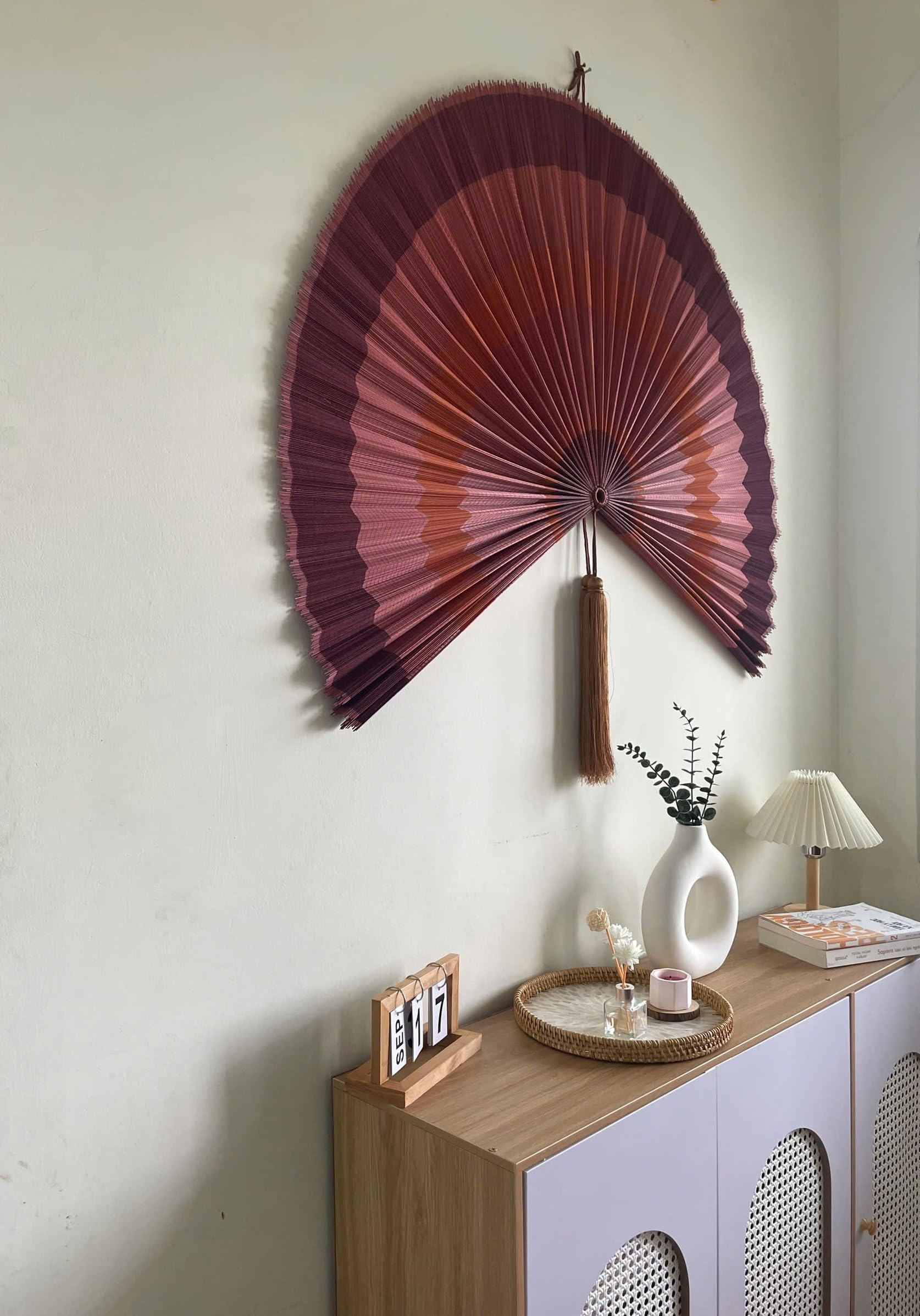 Large Japanese Bamboo Fan Wall Decor - 60 Inch Boho Hanging Headboard Art, Decorative Folding Fan for Over Bed Decor, Terracotta Wall Art for Living Room, Bedroom & Zen Home Decor