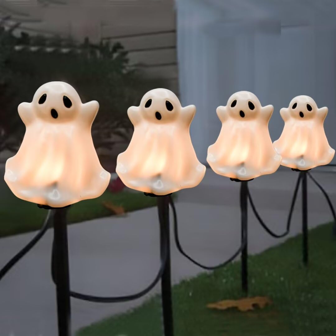 Ghost Pathway Lights Outdoor - Set of 4 Connectable Halloween Stake Lights with C7 LED Bulbs for Yard, Walkway & Garden Decor | Spooky Party & Pathway Lighting for Halloween Decorations