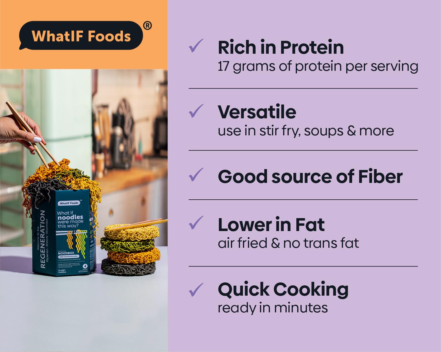 Healthy Instant Bambara Noodles - Vegan, Air Fried, High Protein (17g) & Fiber (6g) | Gluten-Free Plant-Based Ramen for Soup, Stir Fry & Wok Dishes | Sweet & Spicy Flavor | 5-Pack by WhatIF Foods | Perfect for Quick Meals, Camping & College Dorm Cooking