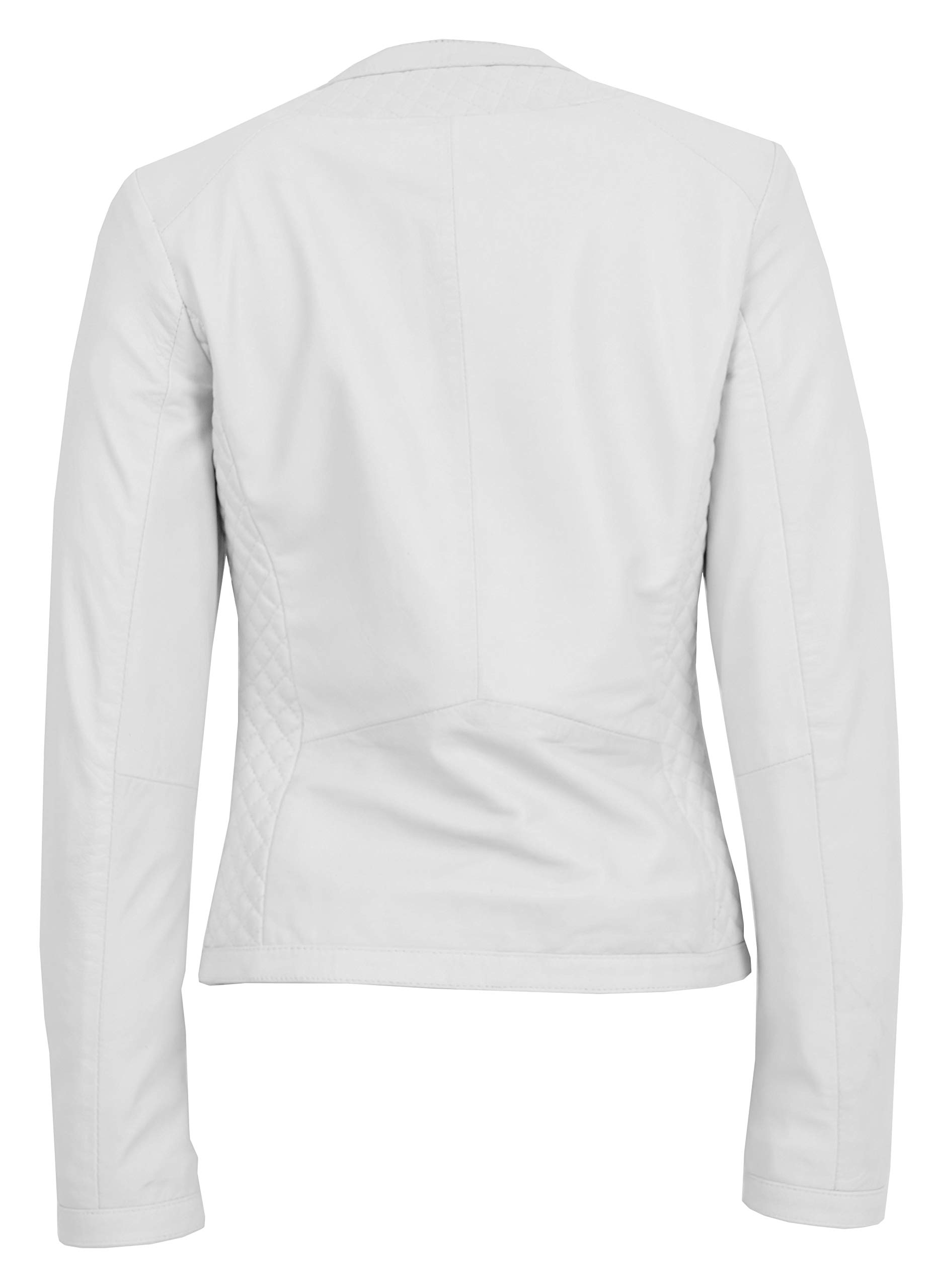 Women's Collarless Soft White Leather Biker Jacket - Fitted Quilted Stitch Design for Motorcycle Riding & Casual Outfits | Remi Brand