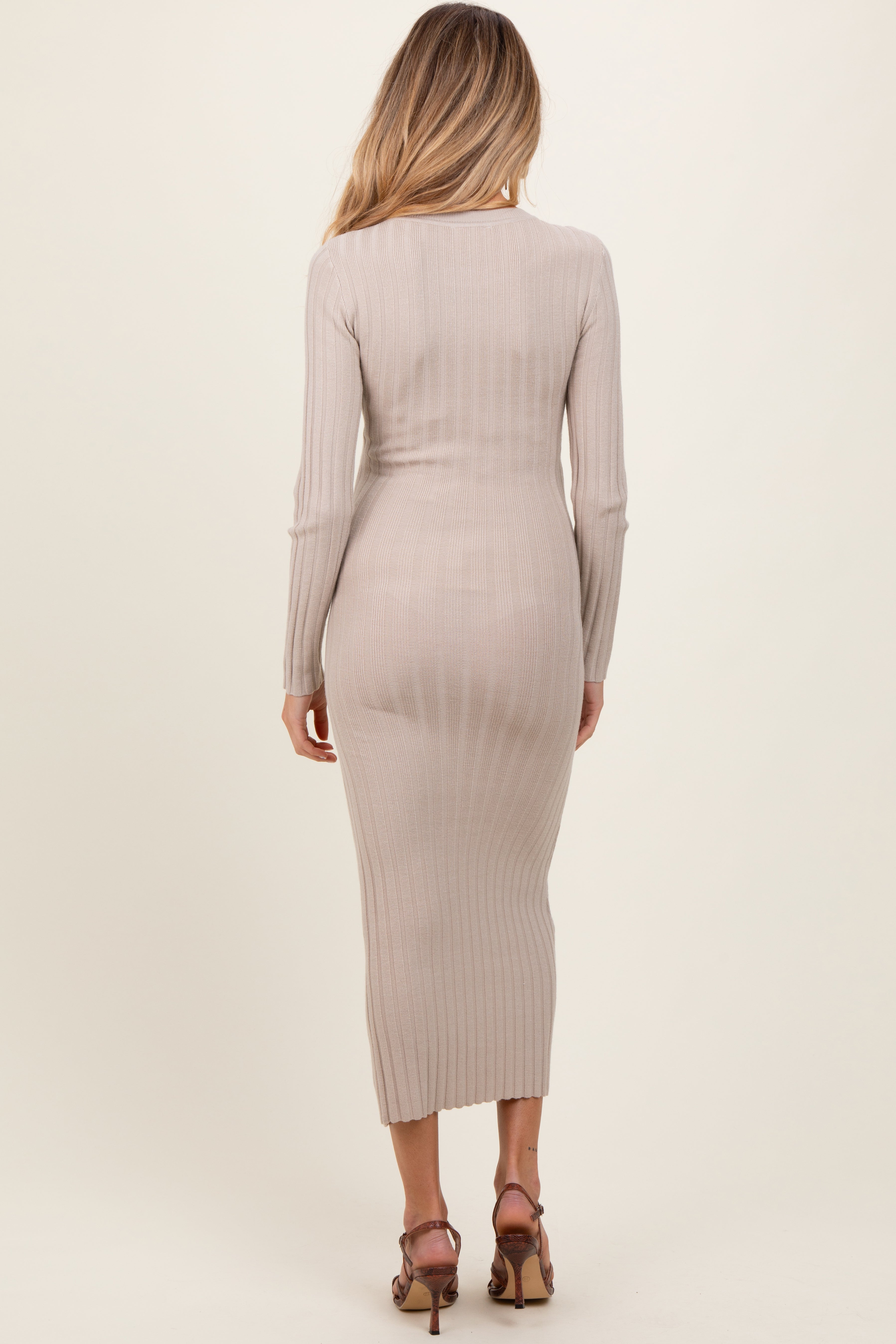 Beige Ribbed Knit Maternity Sweater Dress - Stretchy Fitted Midi Dress for Pregnancy | Perfect for Baby Showers, Maternity Photos & Fall Layering