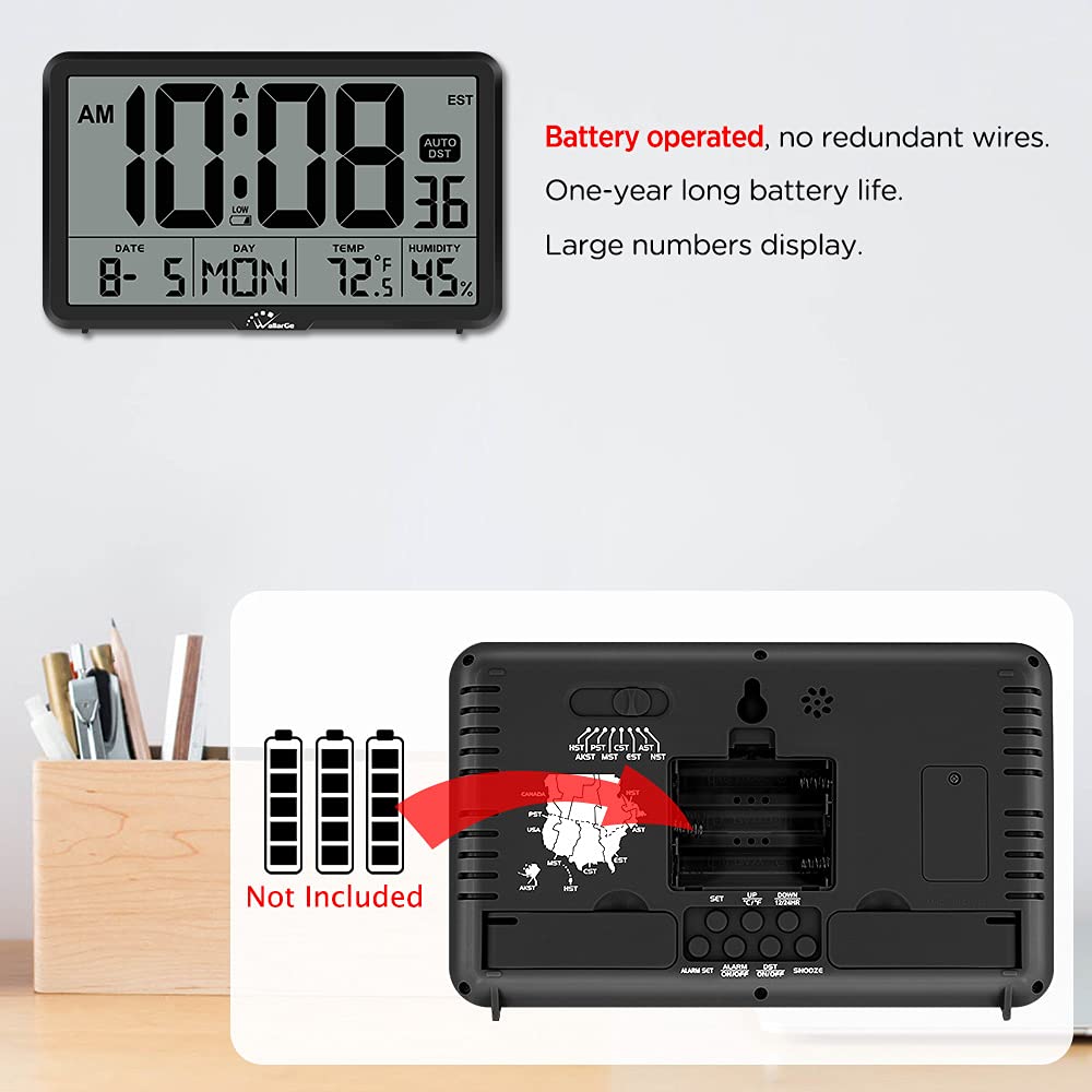 WallarGe Auto Set Digital Wall Clock - Large Display with Temperature, Humidity & Date - Battery Operated Desk Clock for Elderly, Bedroom & Office - 8 Time Zones & Auto DST - Perfect for Home, Office & Travel Use