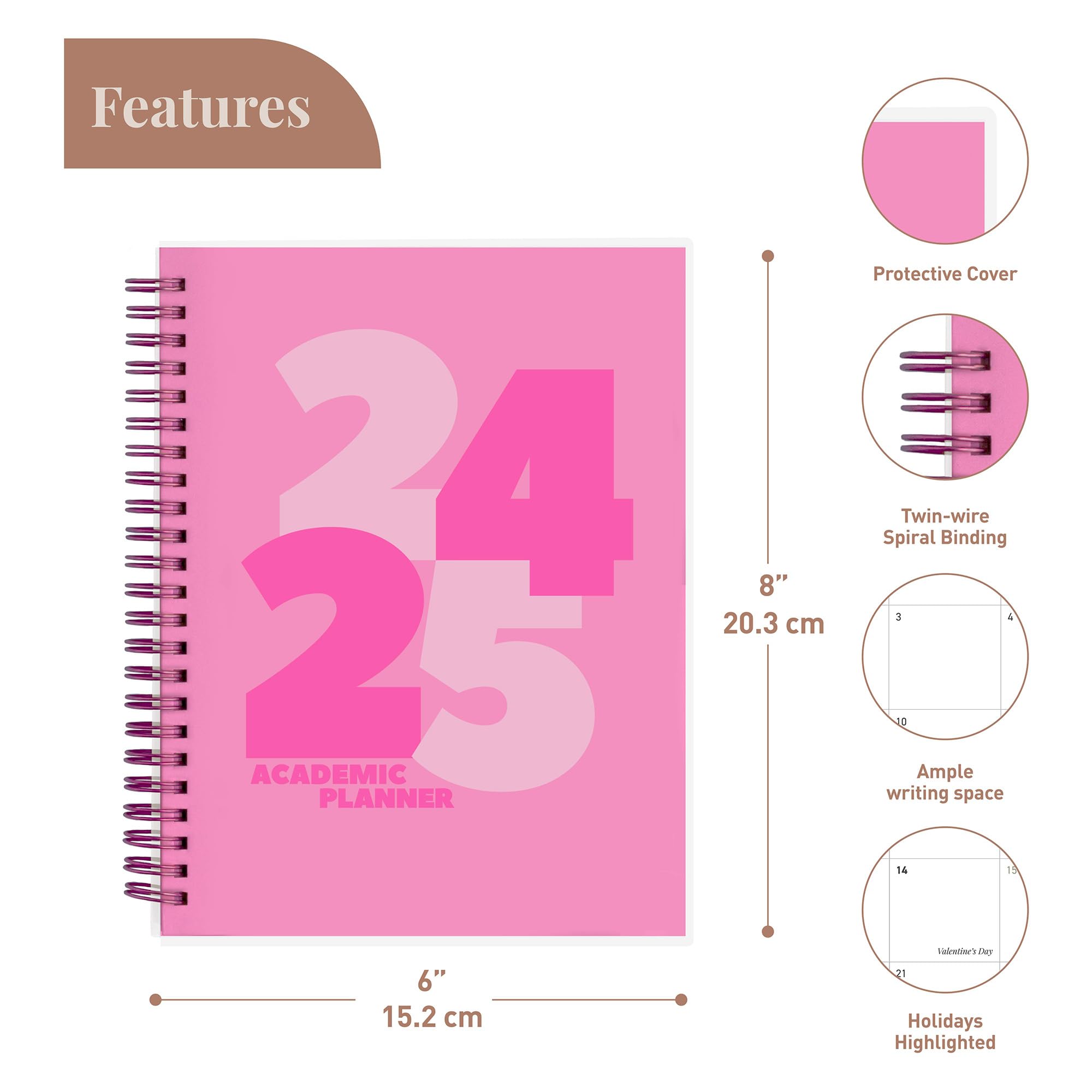 Riley's 2024-2025 Academic Planner - 18-Month Weekly & Monthly Organizer with Sturdy Cover, Notes Pages & Twin-Wire Binding (8x6 Inch, Pink) - Perfect for Students, Teachers & Professionals