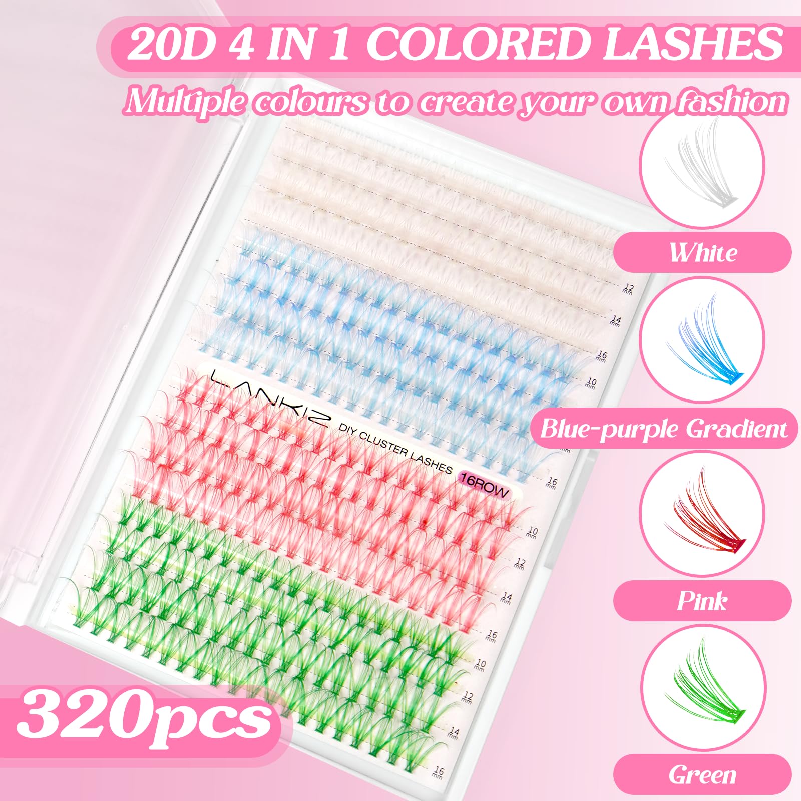 LANKIZ 320Pcs Colored Eyelash Clusters - Blue Purple Gradient, Pink, White, Green DIY Lash Extensions | 20D 10-16mm Mixed Length Wispy Lashes for Home Use & Party Makeup