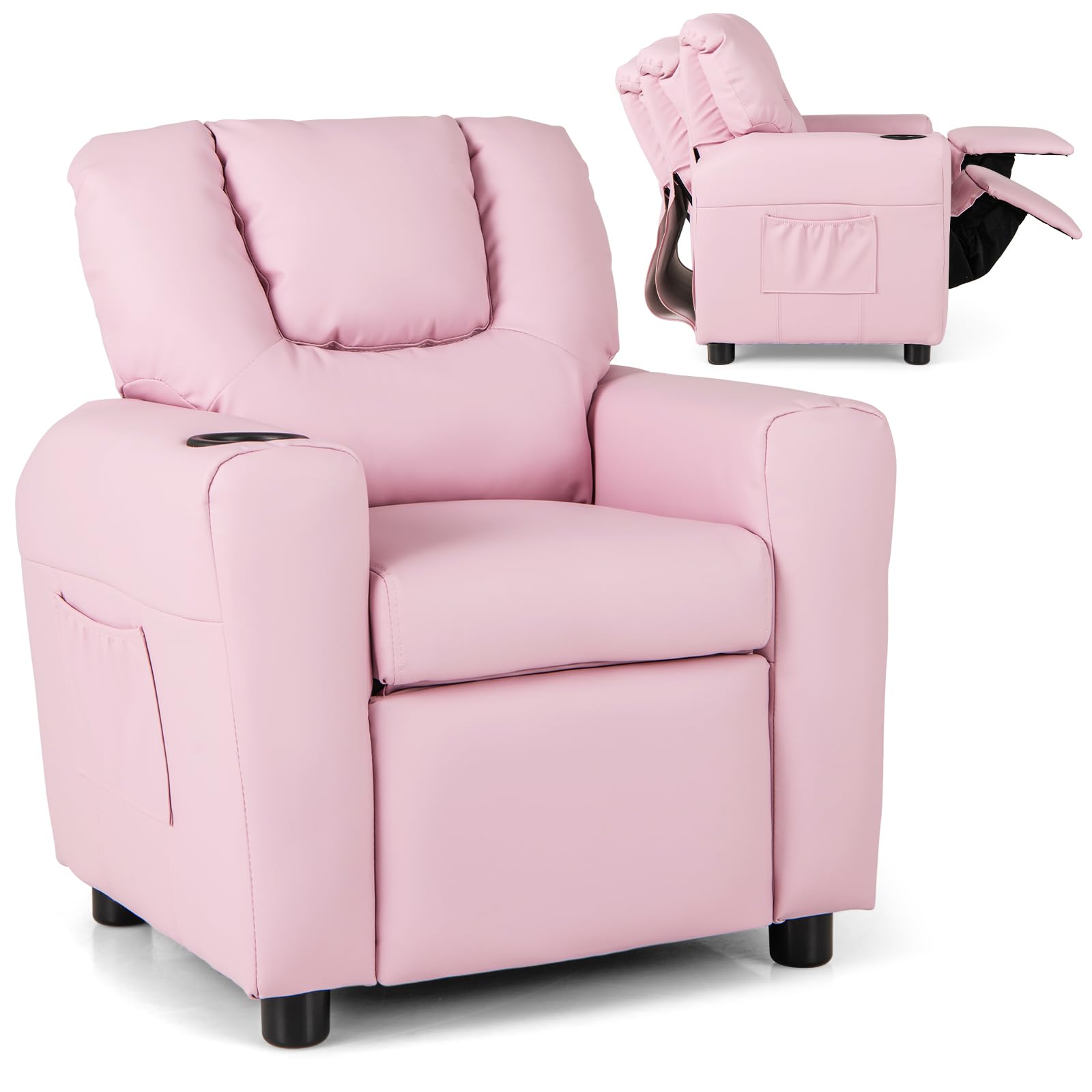 Costzon Kids Recliner Chair with Cup Holder - Pink PU Leather Toddler Armchair with Headrest & Footrest for Boys and Girls - Perfect for Bedroom, Playroom, Nursery, and Movie Nights