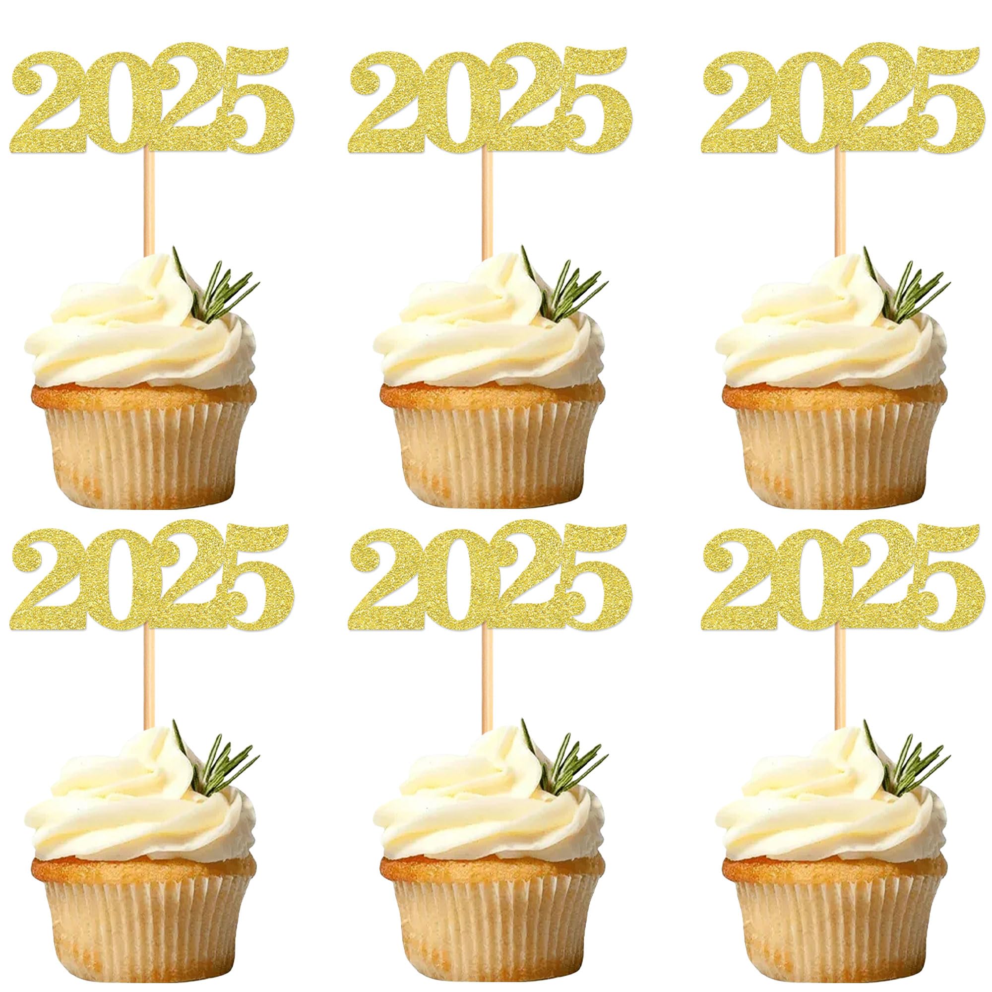 40 Pcs Gold Glitter New Year Cupcake Toppers 2025 - Cheers to 2025 Cake Picks for New Year's Eve Party Decorations - Perfect for Birthday, Wedding & Holiday Celebrations