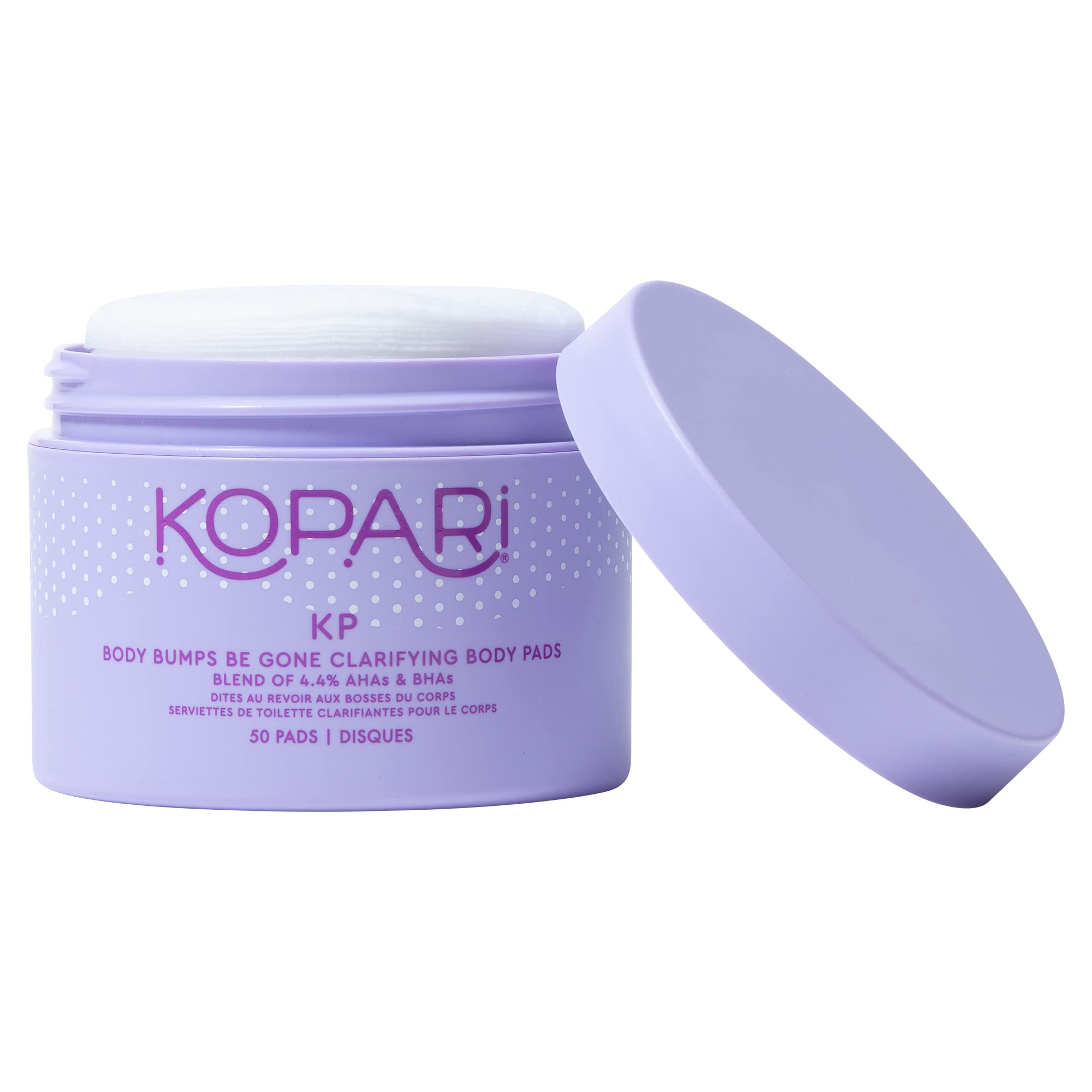 Kopari KP Body Bumps Be Gone Clarifying Body Pads with 4.4% AHAs & BHAs - Exfoliating Treatment for Pore Reduction, Bump Smoothing & Dark Spot Brightening - 50 Count for Soft, Even Skin Tone | Perfect for Post-Shaving, Keratosis Pilaris & Body Acne Care