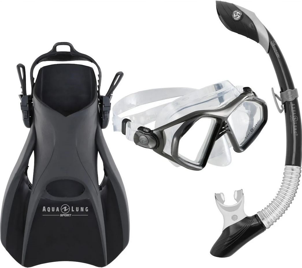 Aqua Lung Trooper Snorkeling Mask, Zulu Dry Snorkel & Bolt Swim Fins Set - Complete Scuba Diving Gear for Ocean Exploration & Beach Vacations