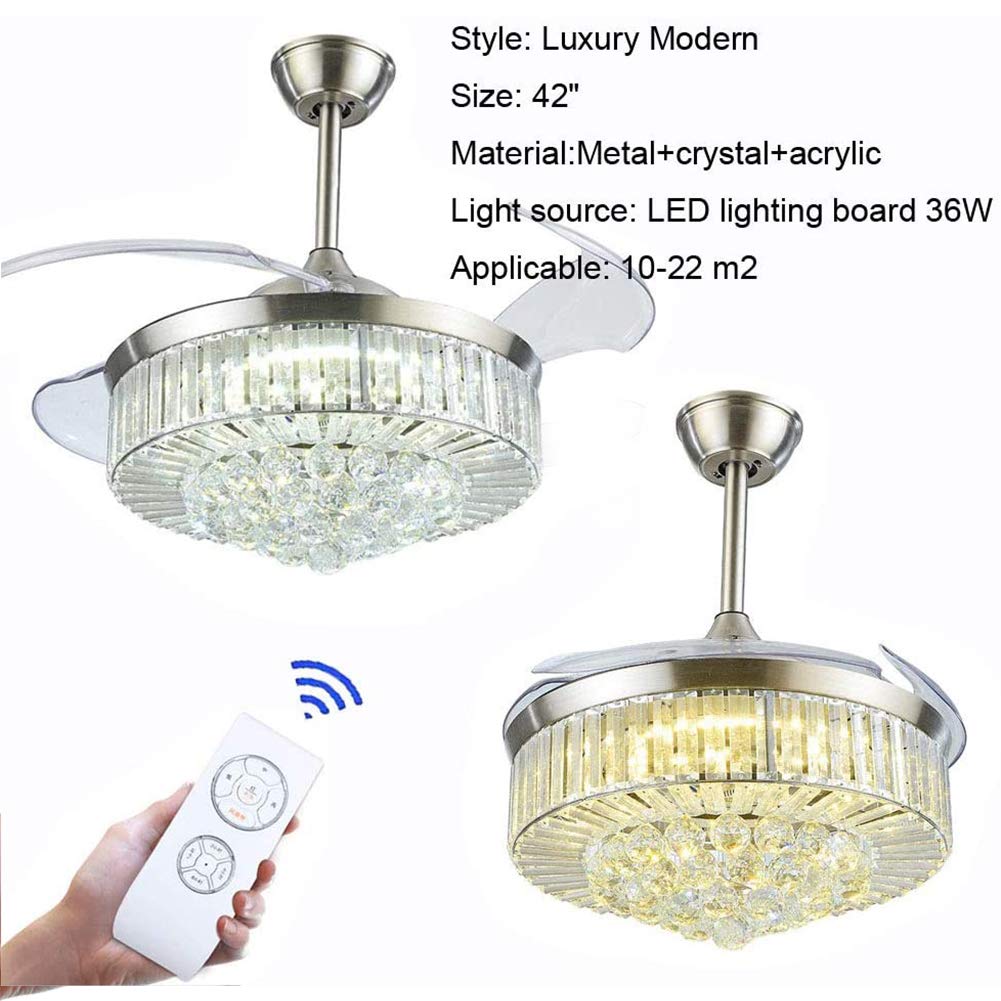 42 Inch Modern Crystal Chandelier Ceiling Fan with Light & Remote Control - Silent Retractable Blades, 3 Speed Settings & 3 Light Levels - Perfect for Dining Room, Living Room, Bedroom & Home Decor