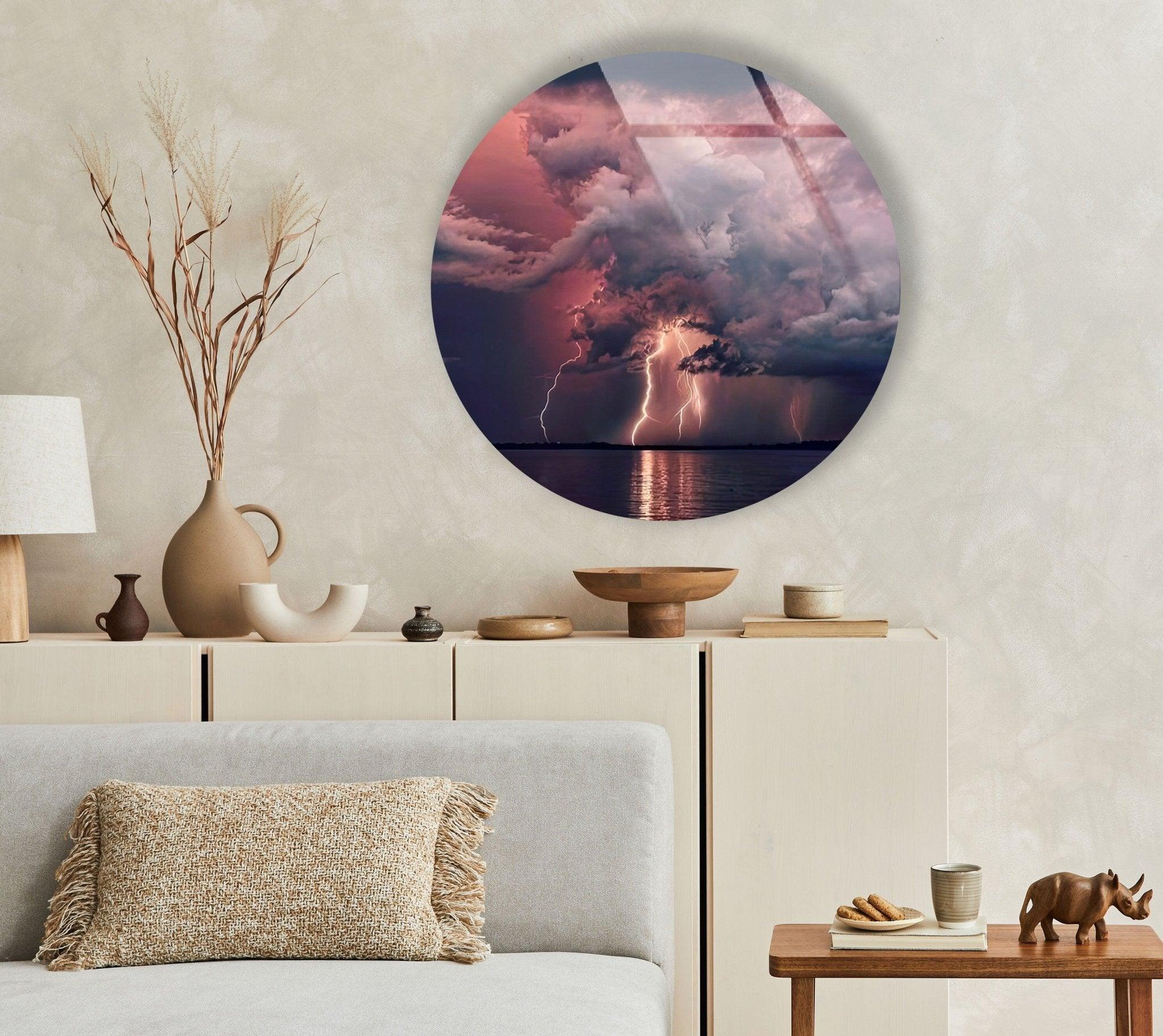 Abstract Round Lightning Glass Wall Art - Modern Home Decor for Living Room, Bedroom & Office - Shatterproof & UV Resistant - Perfect for Gifts & Interior Design