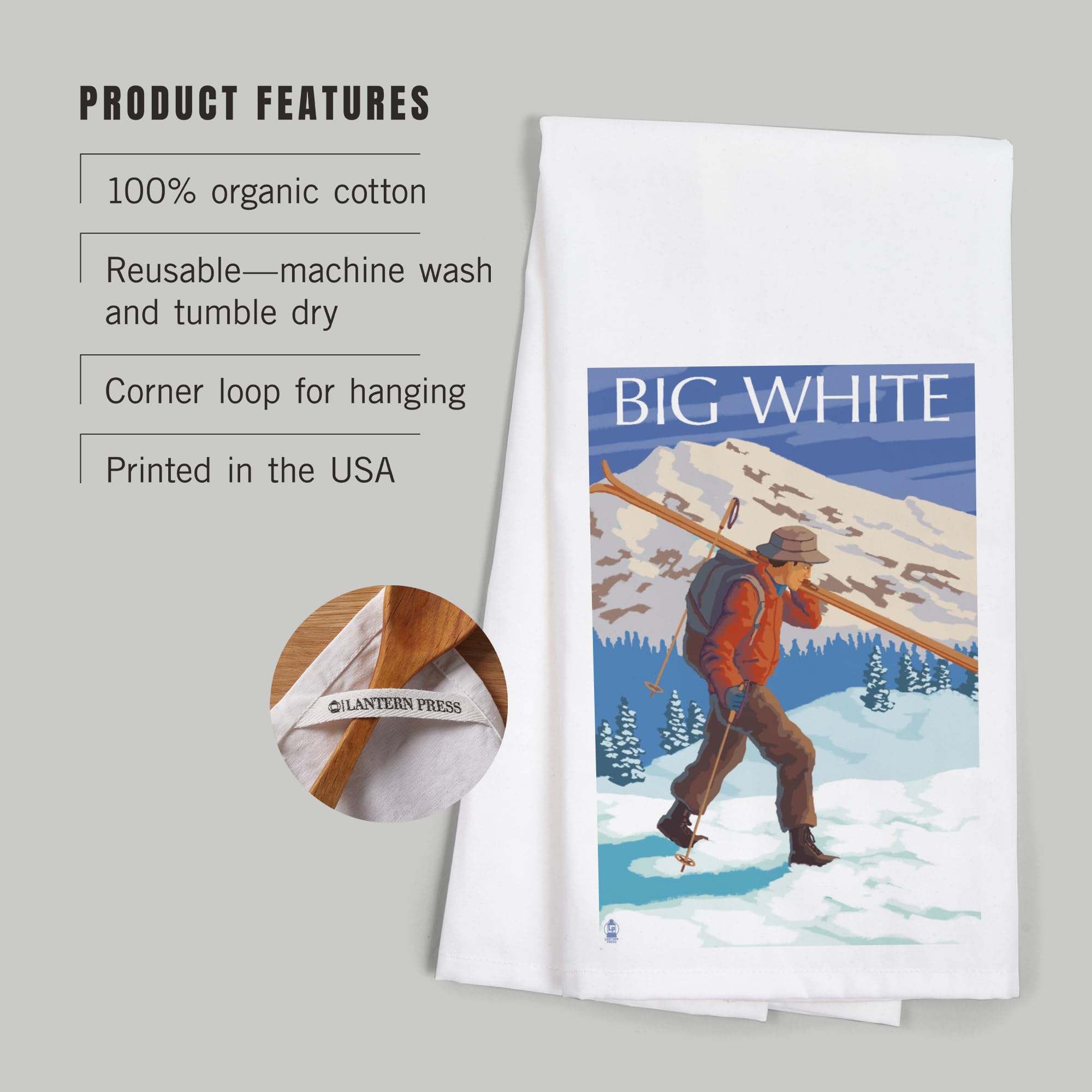 Lantern Press Big White Skier Carrying 100% Cotton Tea Towel - Decorative Hand Towel for Kitchen, Home Decor & Gift - Perfect for Drying Dishes, Decorating, and Hostess Gifts