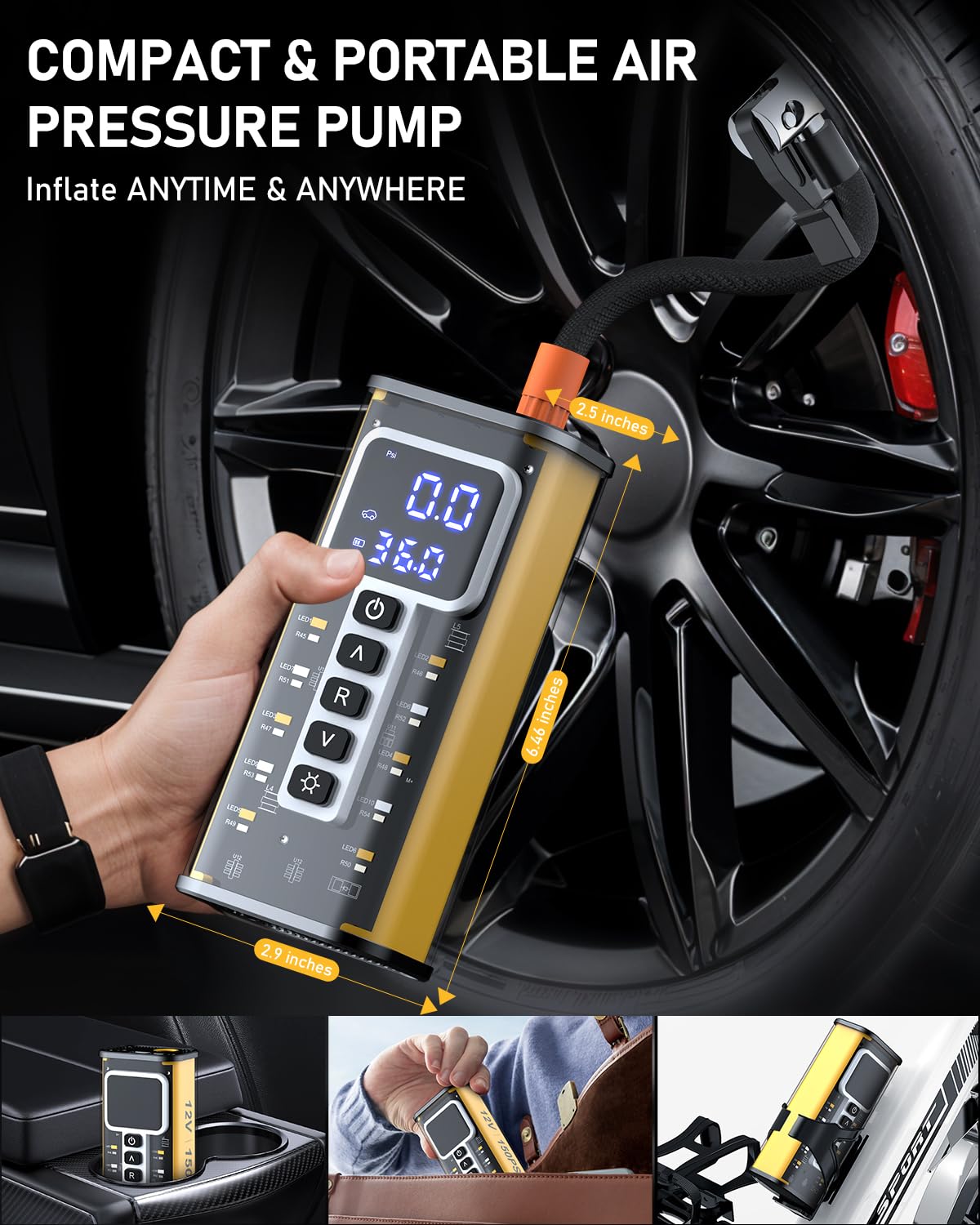 Portable Tire Inflator Air Compressor with 20000mAh Battery - Digital Pressure Gauge, Auto Shut-Off - Fast Inflation for Car, Bike, Motorcycle Tires & Sports Balls - Perfect for Road Trips, Emergency Use & Home Garage