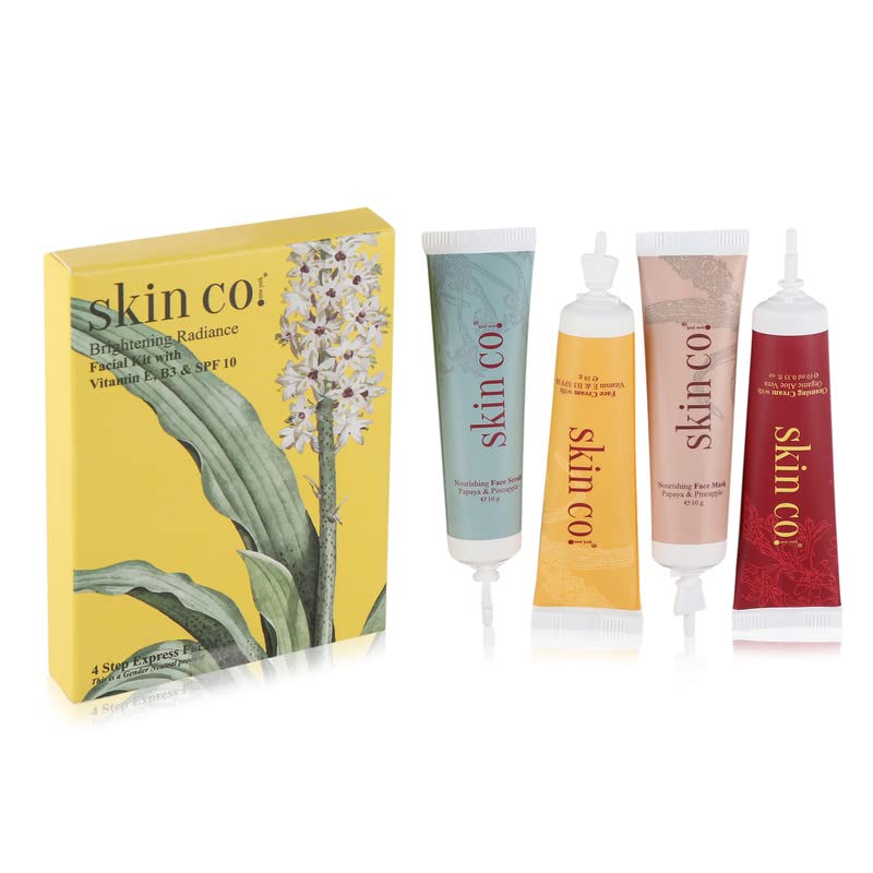 Skin Co Brightening Radiance Facial Kit with Vitamin E, B3 & SPF 10 | 4-Step Express Facial for All Skin Types | 40ml | Perfect for Daily Skincare & Travel