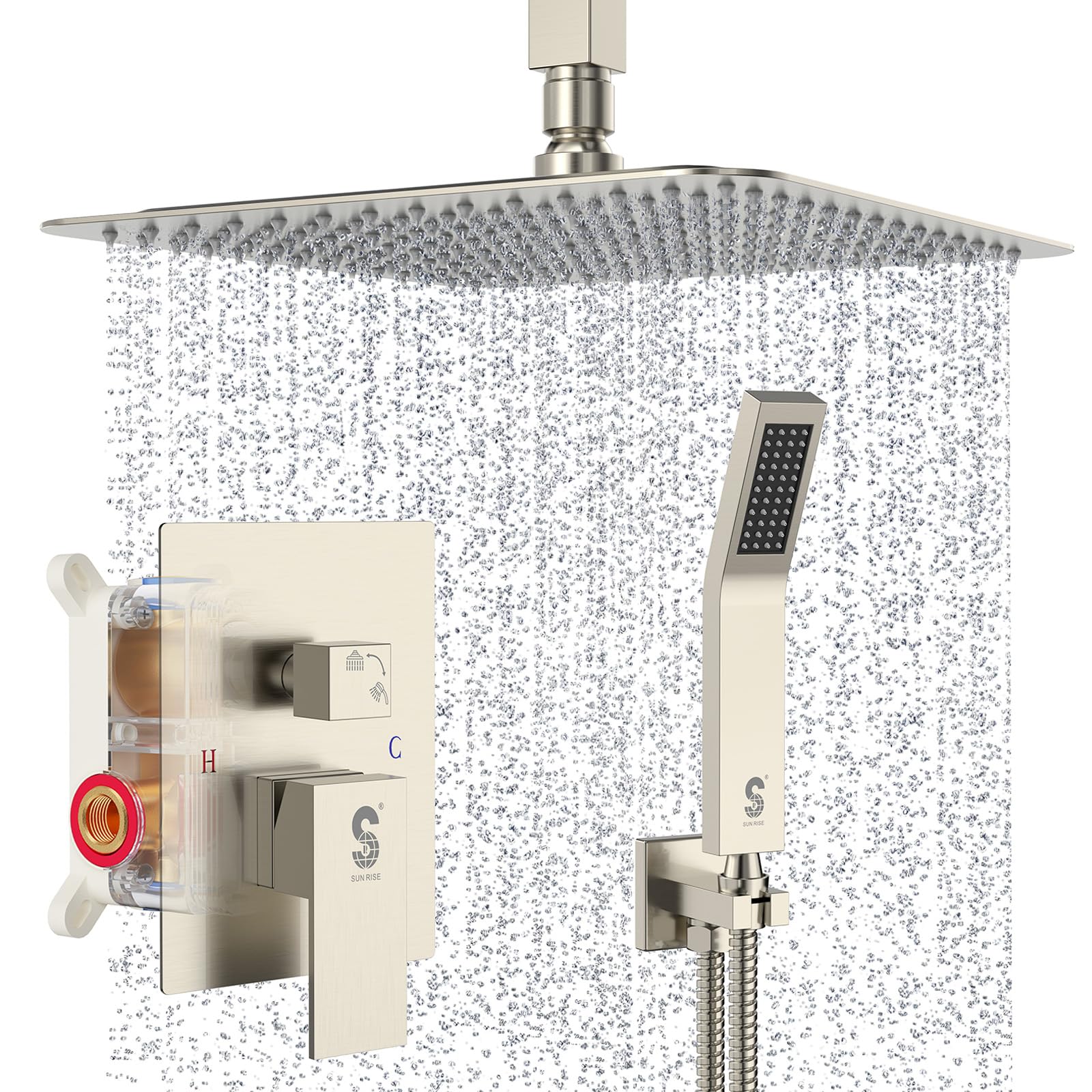 SR SUN RISE 10 Inch Brass Ceiling Mounted Rainfall Shower System - Brushed Nickel Luxury Bathroom Shower Combo Set with Rain Mixer - Perfect for Spa-Like Experience in Master Bathrooms and Luxury Hotels