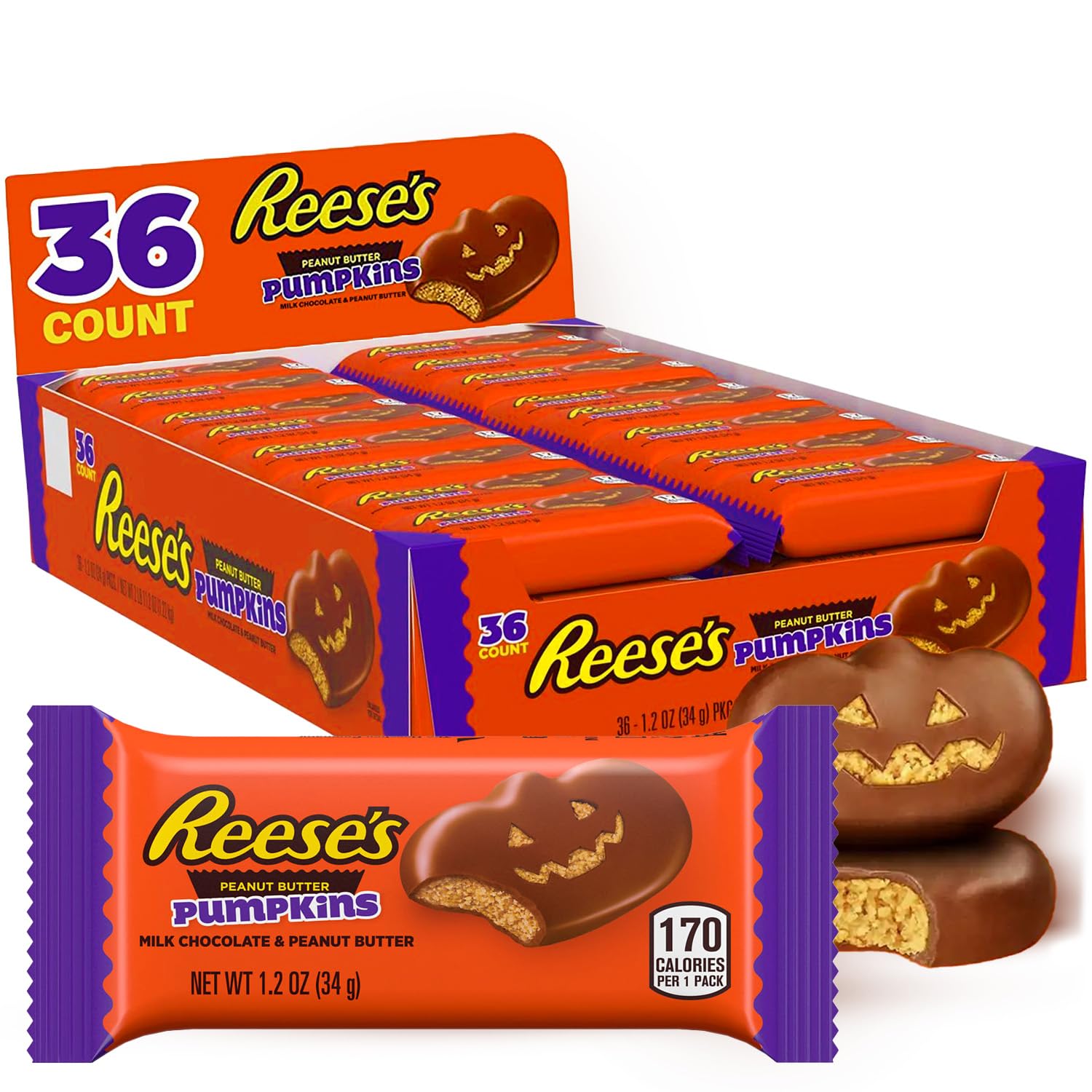 Reese's Milk Chocolate Peanut Butter Pumpkins - 36 Count Halloween Candy Bulk Pack (1.2 oz Each) - Perfect for Trick-or-Treating, Halloween Parties, Office Treats & Holiday Gift Baskets