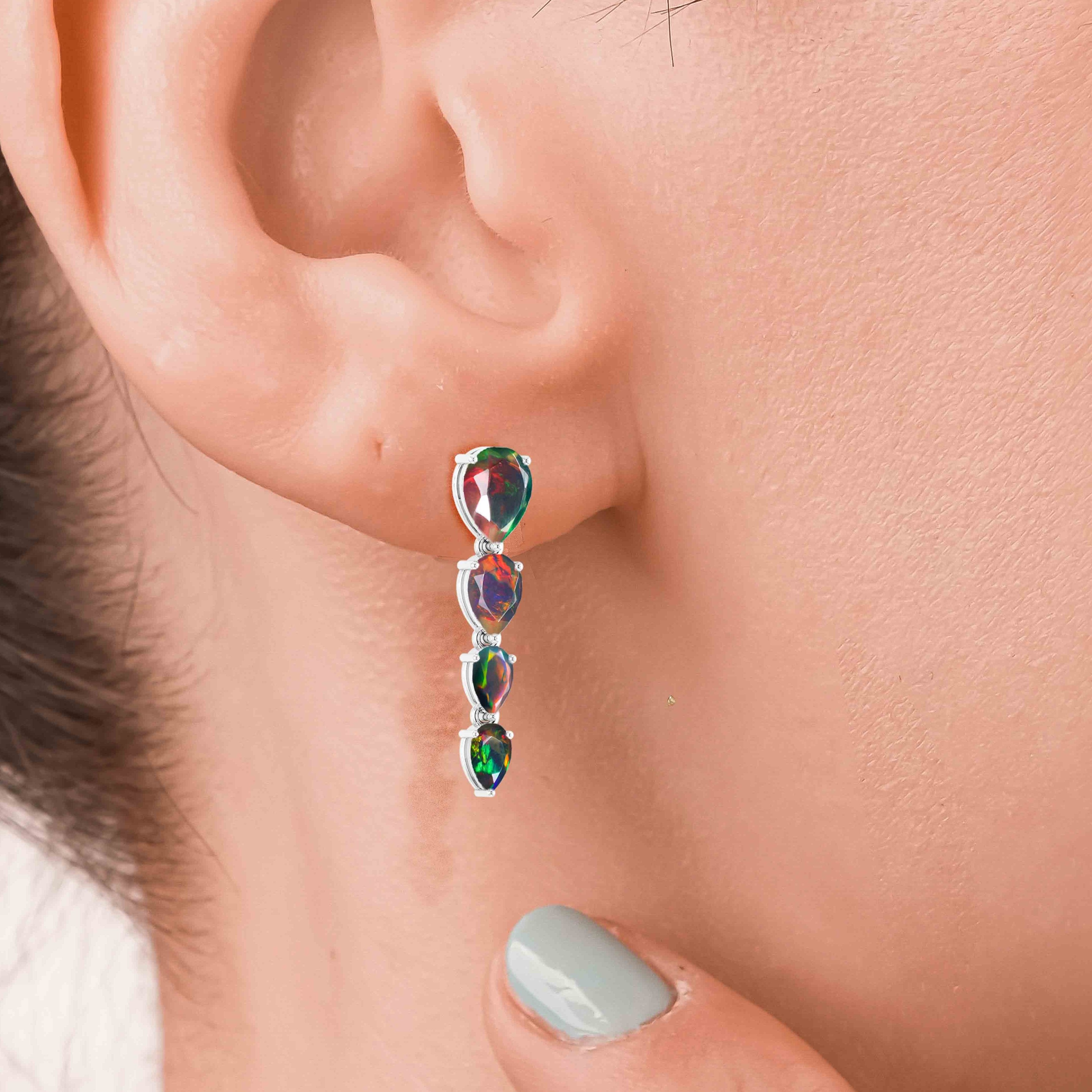 Black Multifire Opal Pear Drop Earrings for Women – Elegant Dangle Jewelry for Parties, Weddings & Evening Events