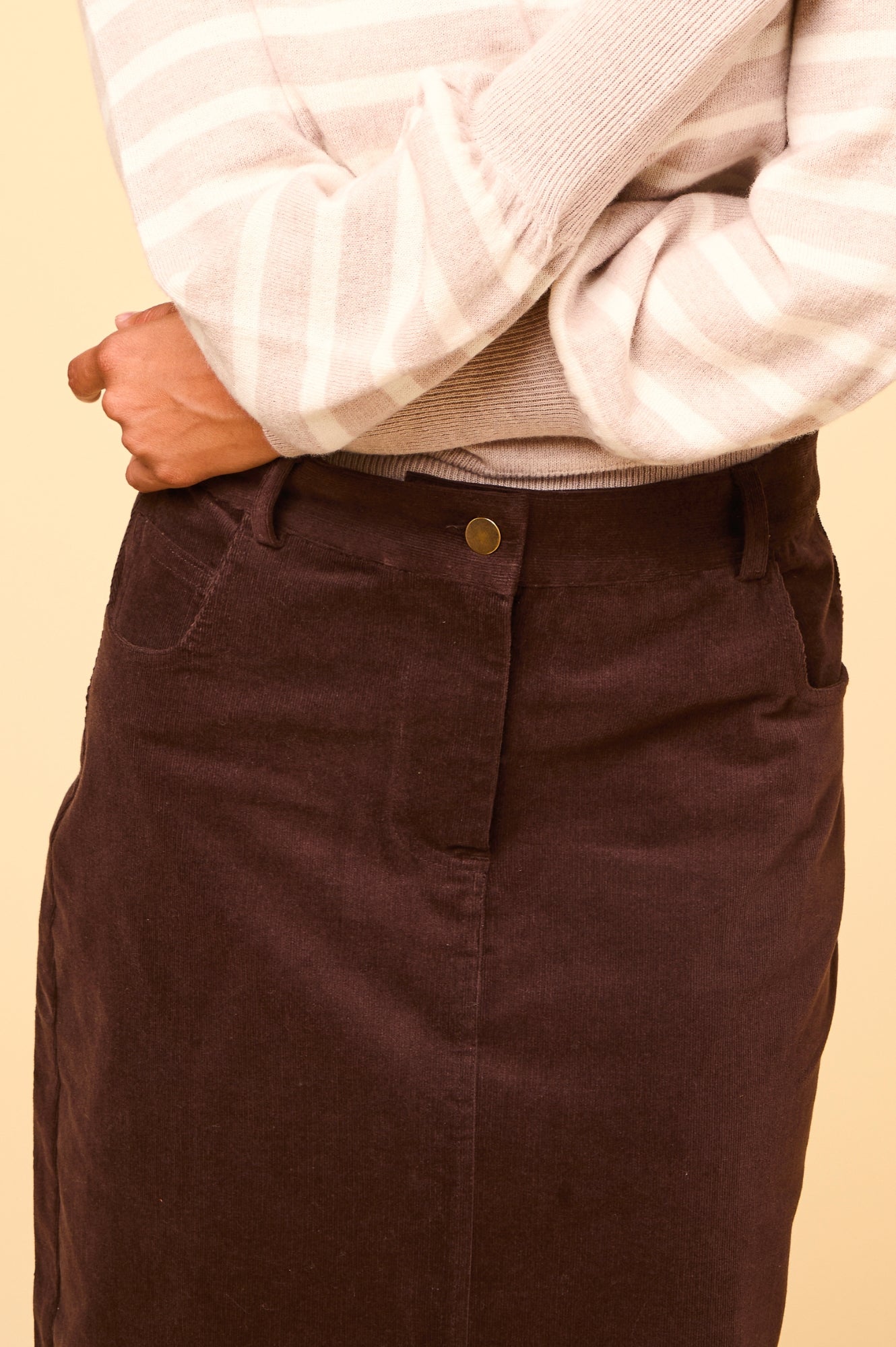 Mallory Stretch Corduroy Skirt for Women - Comfortable High Waist A-Line Skirt in Chocolate Brown | Perfect for Fall, Winter, Office Wear & Casual Outfits