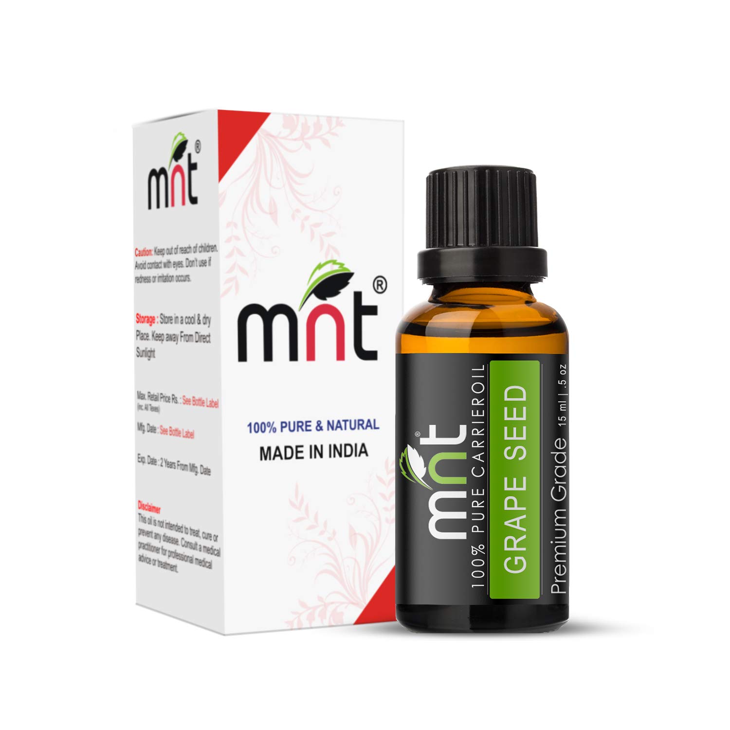 100% Pure & Natural MNT Grape Seed Cold-Pressed Carrier Oil - Organic Facial & Body Oil for Acne Treatment, Healthy Skin & Hair Growth (15ml) | Perfect for DIY Skincare, Massage & Aromatherapy