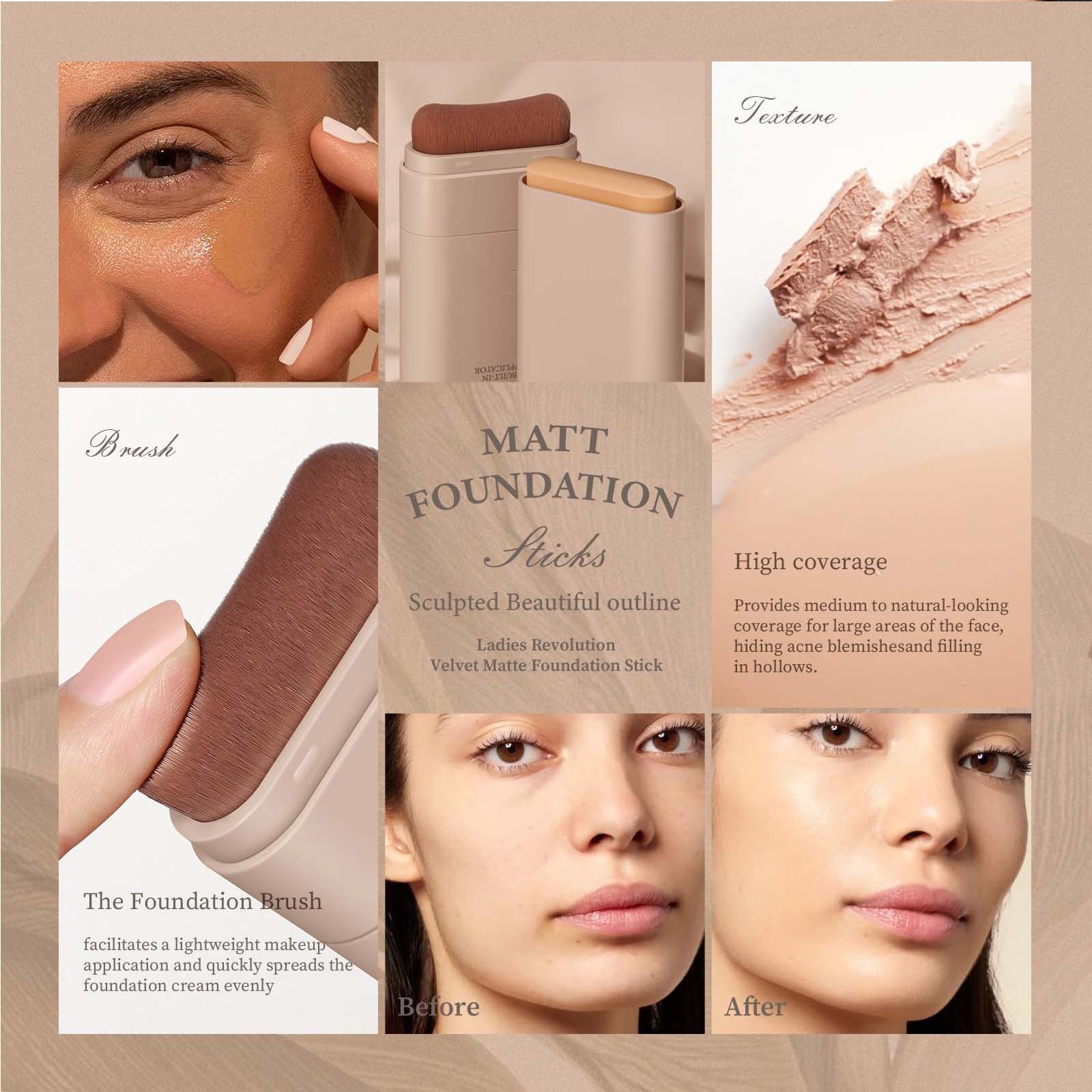 Hydrating Lightweight Foundation Stick with Brush - Buildable Medium to Full Coverage, Contour & Beauty Balm Serum Boosted Skin Tint (#5 Caramel, 0.67oz) | Perfect for Everyday Makeup, On-the-Go Touch Ups & Flawless Complexion