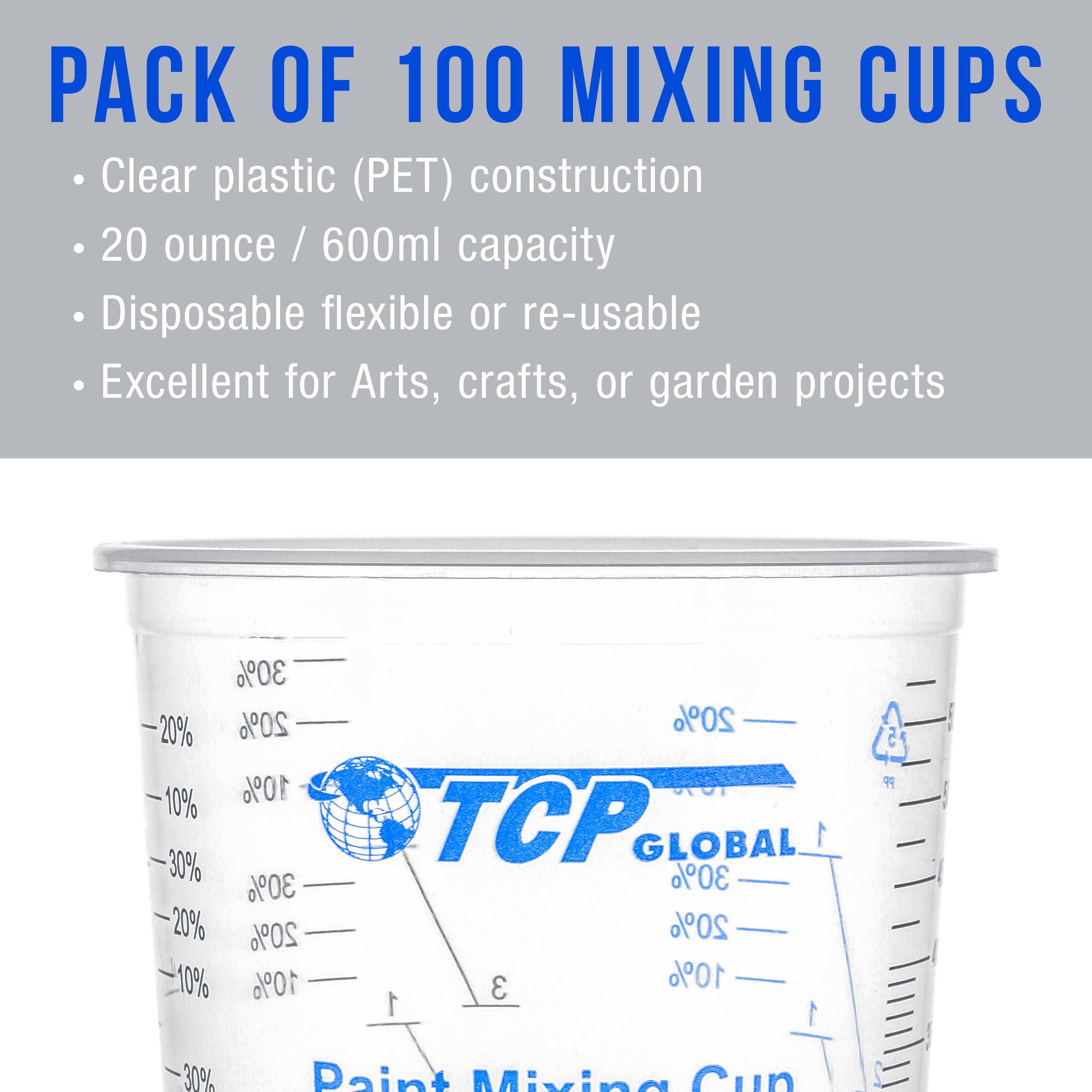 TCP Global 20oz (600ml) Disposable Plastic Mixing Cups - Pack of 100 Cups & 50 Sticks - Clear Graduated Measuring Cups for Paint, Epoxy Resin, Glue - Perfect for DIY Crafts, Art Projects & Home Repairs
