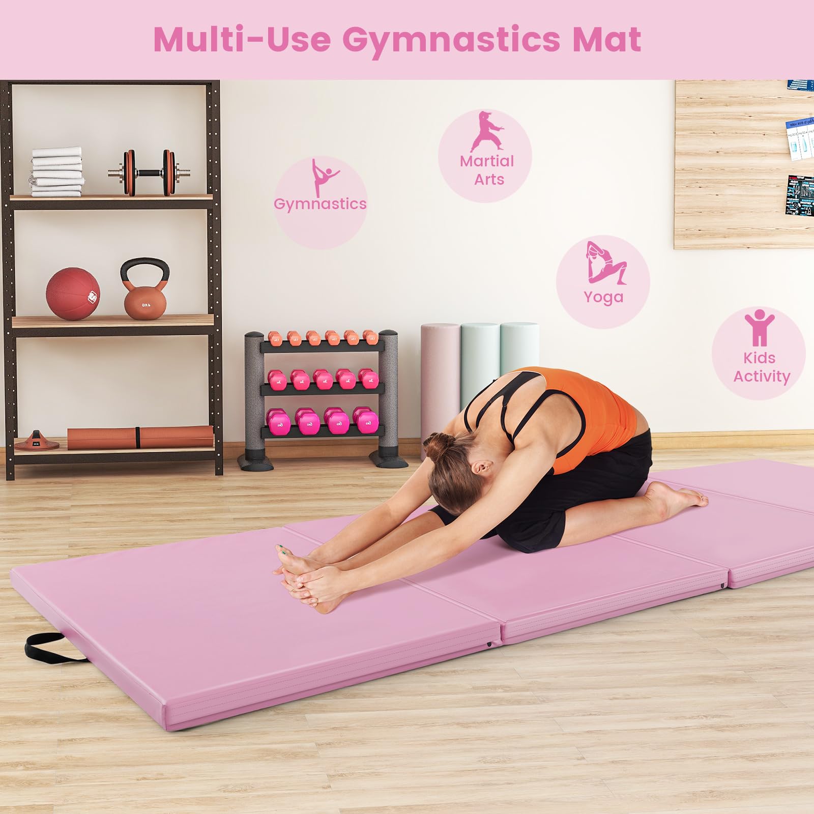 Goplus 10'x4'x2'' Folding Gymnastics Mat - Thick PU Leather Tumbling Mat with Hook & Loop Fasteners & Portable Handles - 4-Panel Exercise Mat for Home Gym, Yoga, Gymnastics, Martial Arts & Kids Play Area