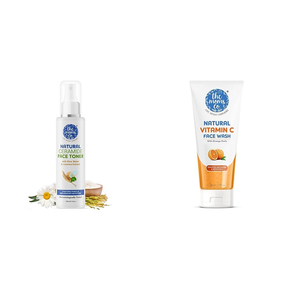 The Moms Co Natural Ceramide Face Toner 100ml & Natural Vitamin C Face Wash 80ml - Hydrating Skincare Set for Glowing Skin | Daily Cleansing & Moisturizing Routine | Perfect for Sensitive & Dry Skin Types