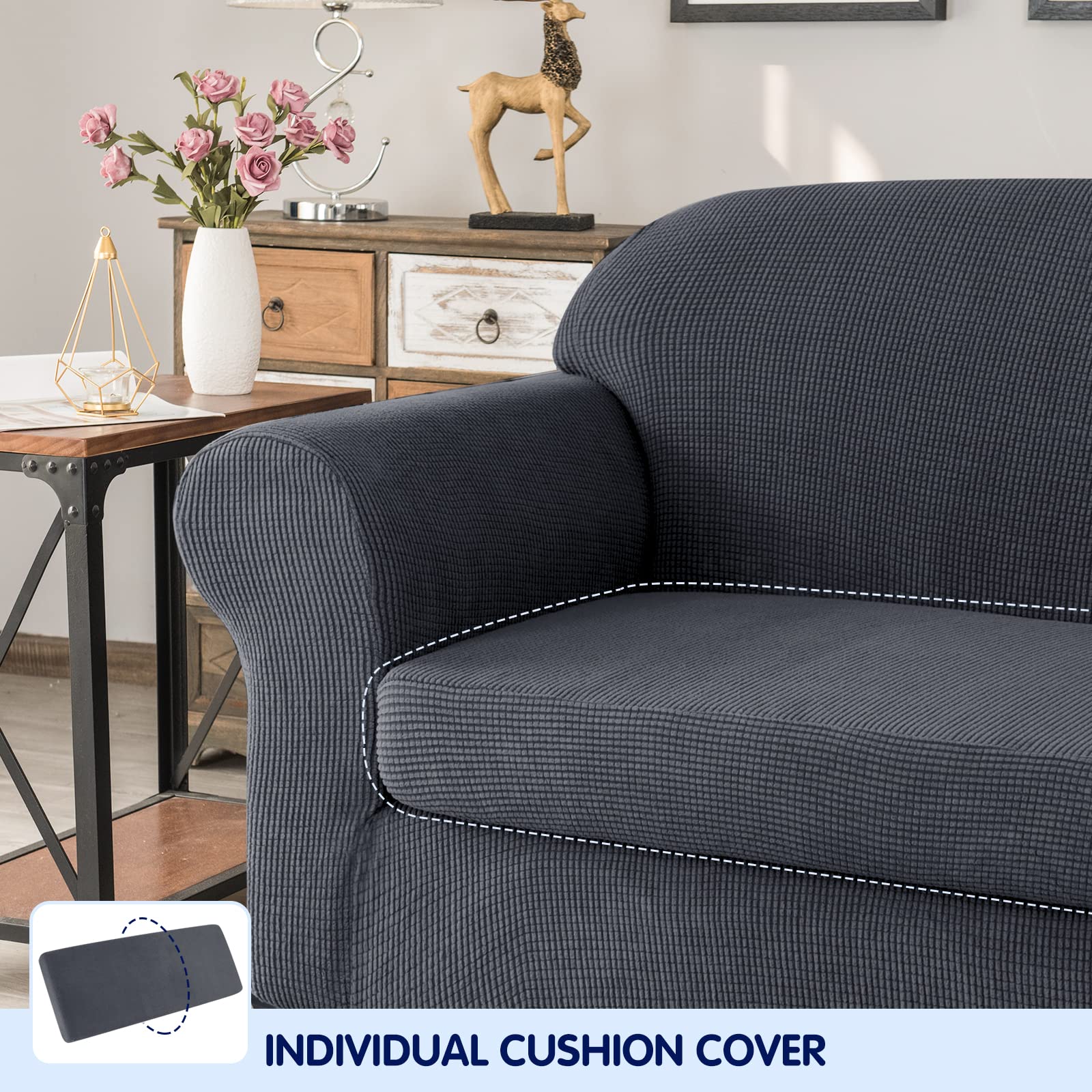 SUBRTEX Stretch Sofa Covers 2-Piece Set - Washable Elastic Slipcover for 2-3 Cushion Couches, Medium Gray - Perfect for Living Room Protection & Home Decor