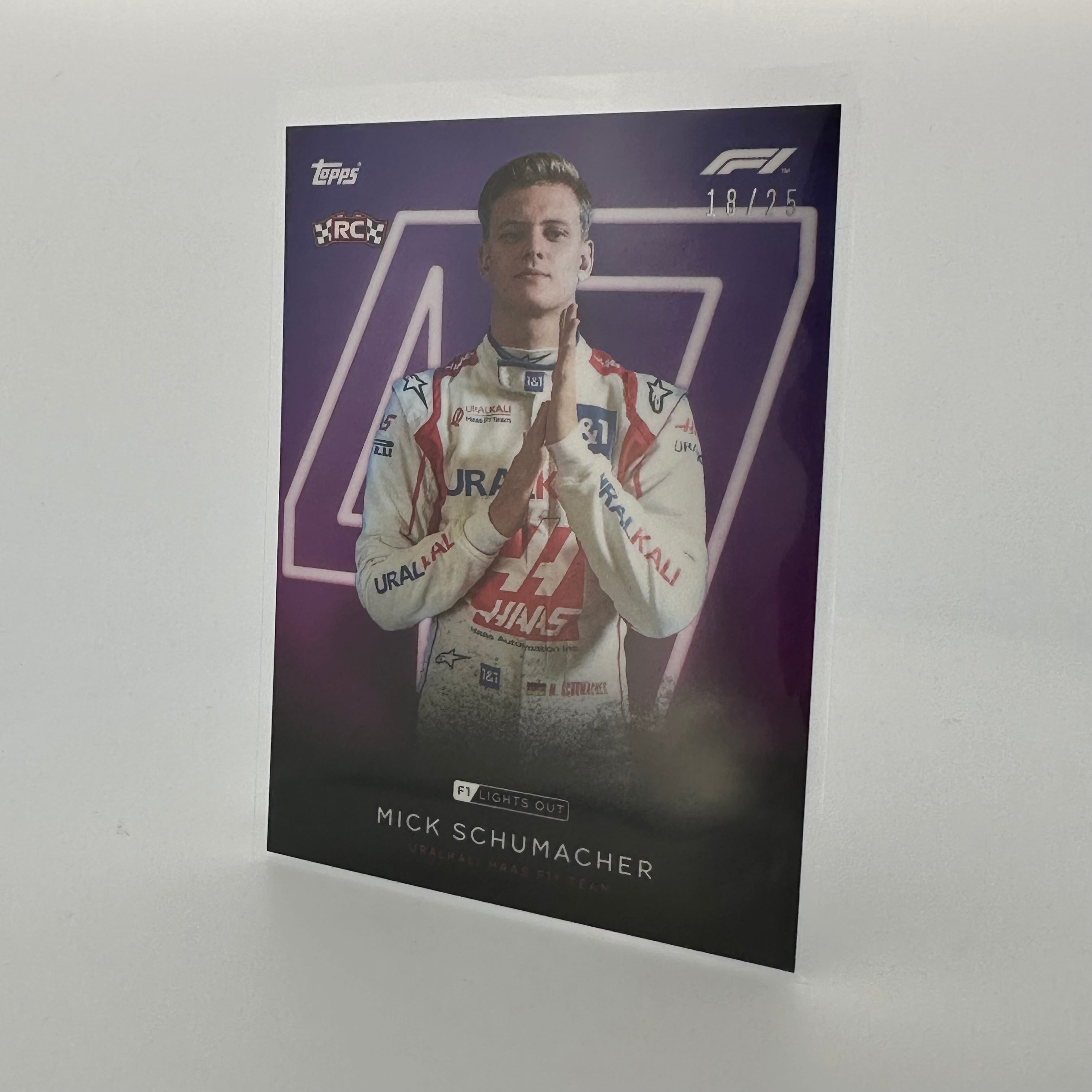 18/25 Mick Schumacher Purple Parallel Racing Driver Card - Collectible Memorabilia for F1 Fans & Sports Card Enthusiasts | Perfect for Display, Trading, and Gift Giving