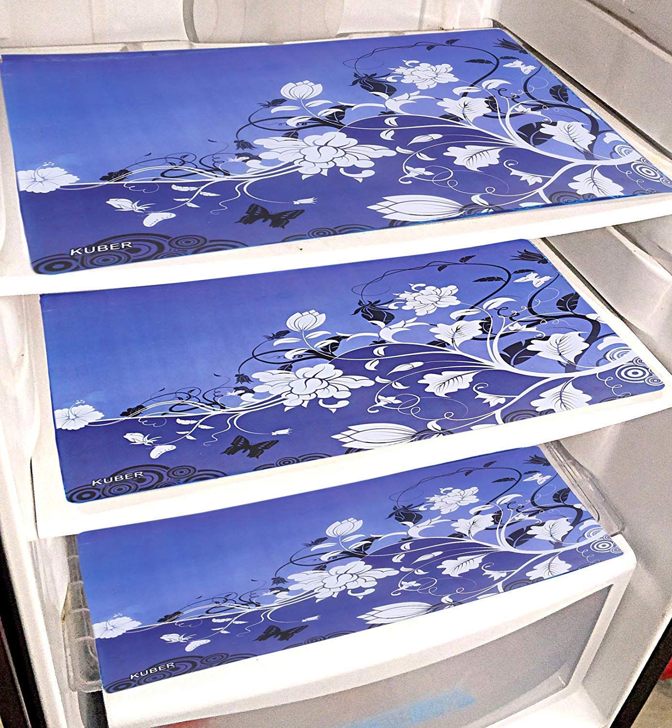 Kuber Industries 6-Piece PVC Refrigerator Drawer Liners Set - Flower Design, Non-Slip Fridge Mats (Blue) - Perfect for Organizing Fruits, Vegetables & Food Storage - CTKTC32682