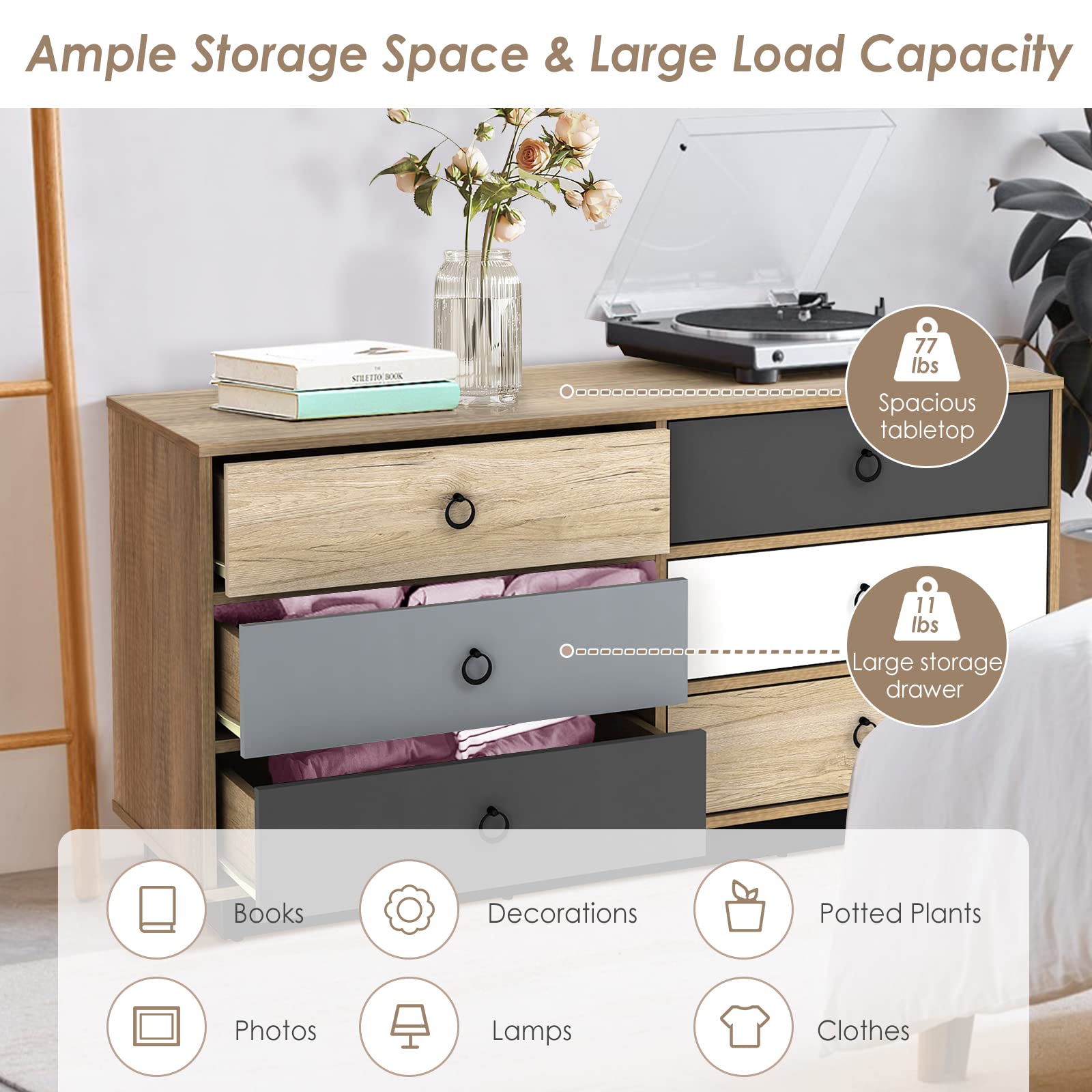 Giantex 6-Drawer Dresser Chest - Sturdy Wooden Double Clothes Organizer with Anti-Tip Safety Device, Spacious Storage Cabinet for Bedroom, Living Room & Entryway | Perfect for Organizing Clothes, Linens and Home Accessories