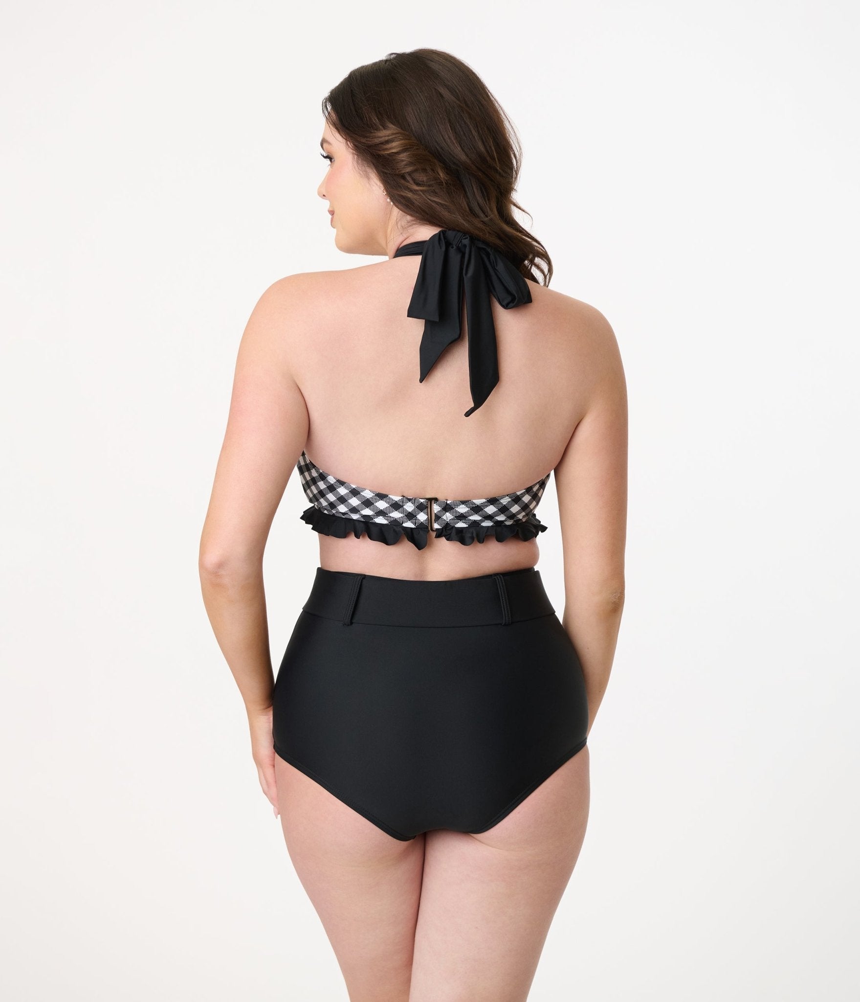 Vintage Black & White Bias Gingham Twist Front Halter Swim Top - Retro Style Swimwear for Women, Beach Vacation & Pool Party Outfit