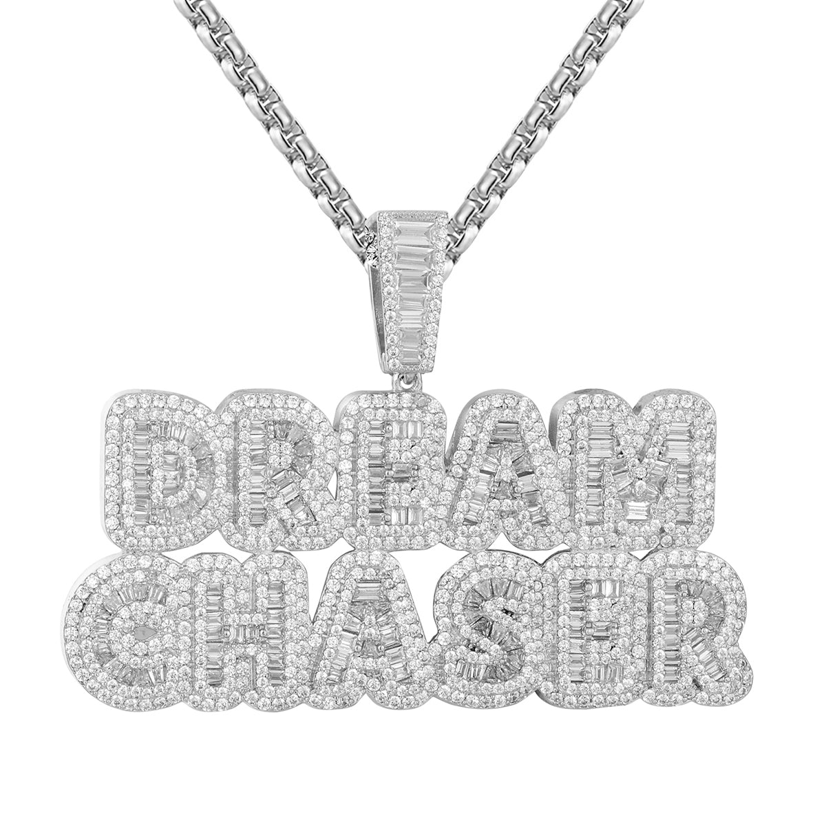 White Dream Chaser Micro Pave Baguette Bling Hip Hop Pendant Necklace - Iced Out Chain for Men & Women - Perfect for Parties, Concerts and Streetwear Fashion