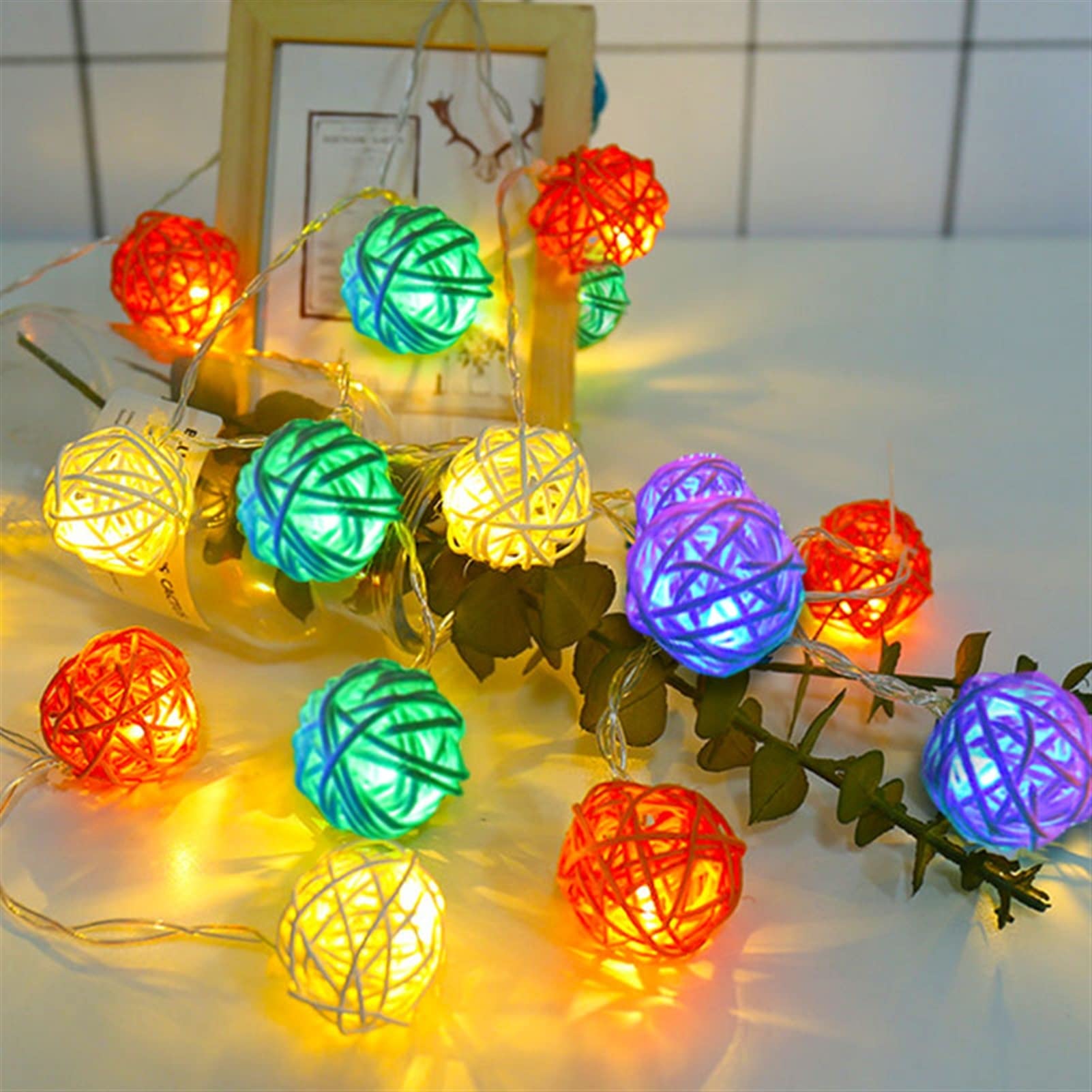 SHIERER 20/40 LED Christmas String Lights Outdoor - Battery Operated Rattan Ball Garland with Cotton Ball Lights for Holiday Decor, Party, Wedding & Garden - Warm White Fairy Lights for Indoor & Outdoor Use