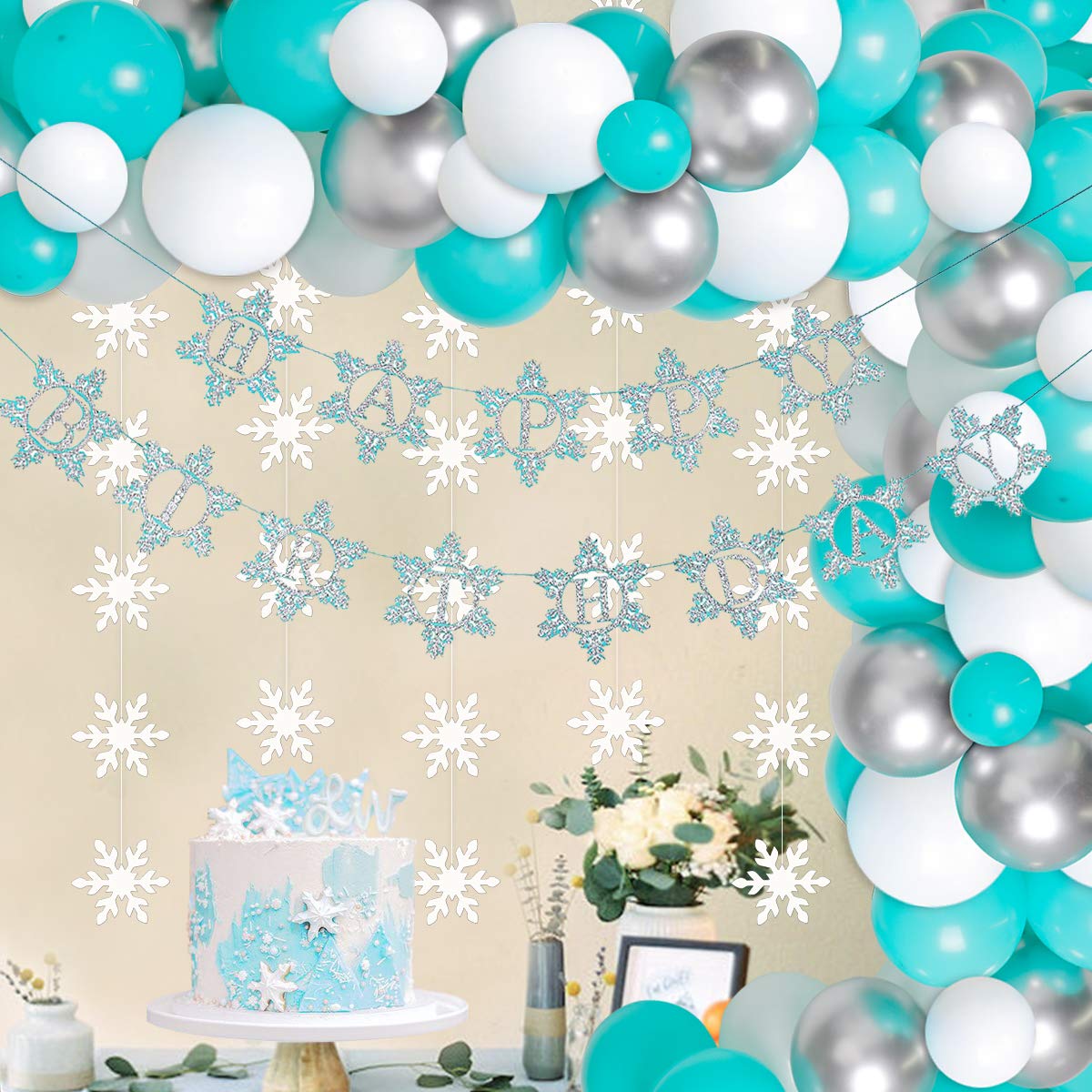 KREATWOW Teal Blue Winter Wonderland Balloon Garland Arch Kit - Snowflake Birthday Party Decorations for Girls, Ice Princess Theme, Happy Birthday Banner - Perfect for Baby Showers, Bridal Showers & Christmas Decor