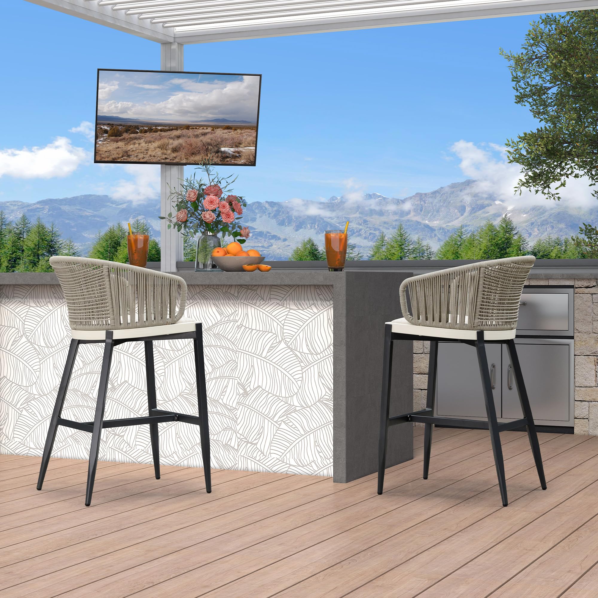 PURPLE LEAF Outdoor Rattan Bar Stools Set of 2 - Modern Patio Barstools with Wraparound Armrests, Metal Wicker Design for Kitchen Island, Garden & Indoor Use - Boho Style Aluminum Woven Bar Chairs (Gray) - Perfect for Backyard, Poolside & Dining Areas