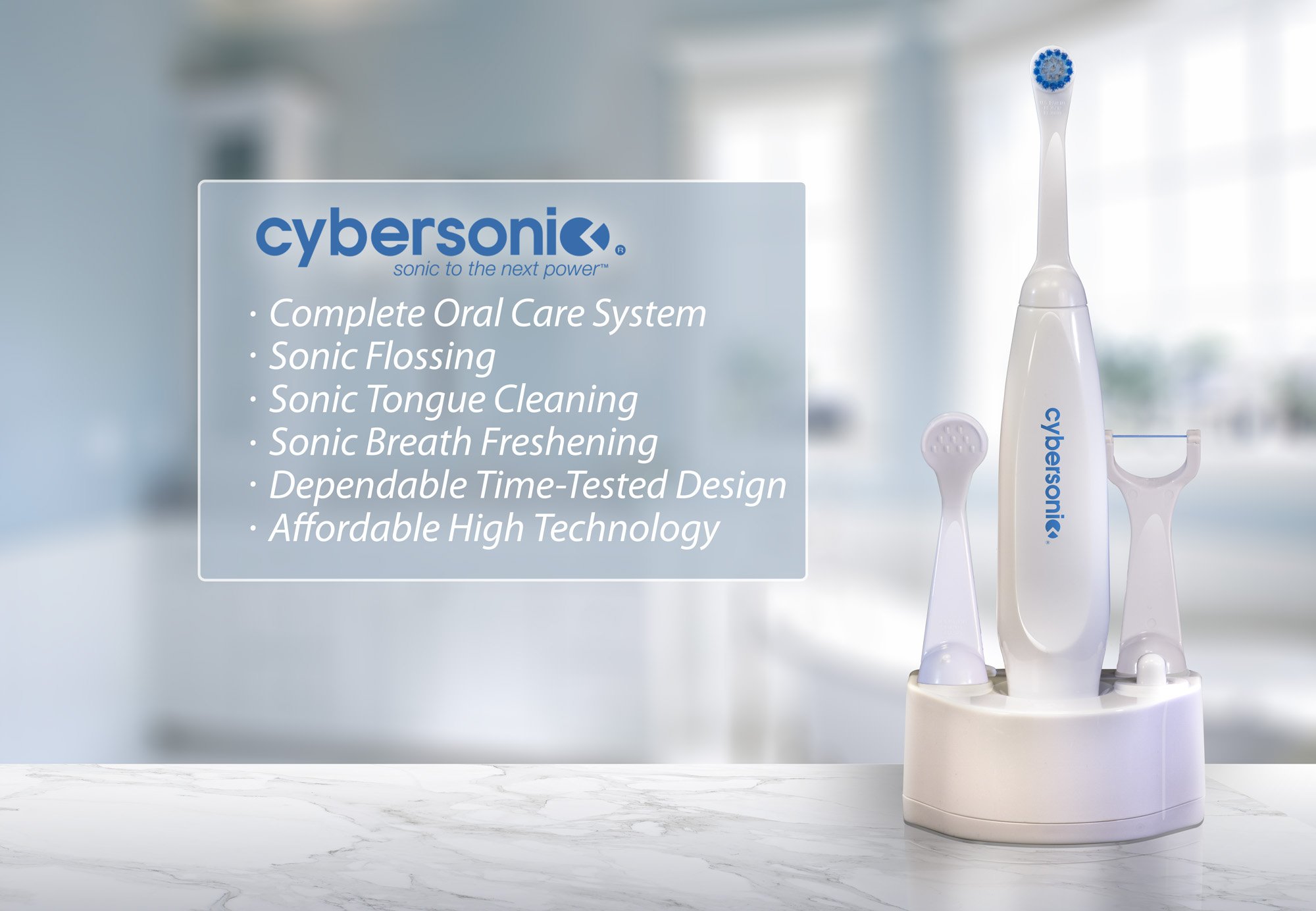 Cybersonic Classic Rechargeable Electric Toothbrush with 6 Brush Heads, Tongue Scraper & Floss - Complete Dental Care Kit for Adults - Perfect for Travel, Home & Daily Oral Hygiene Routine