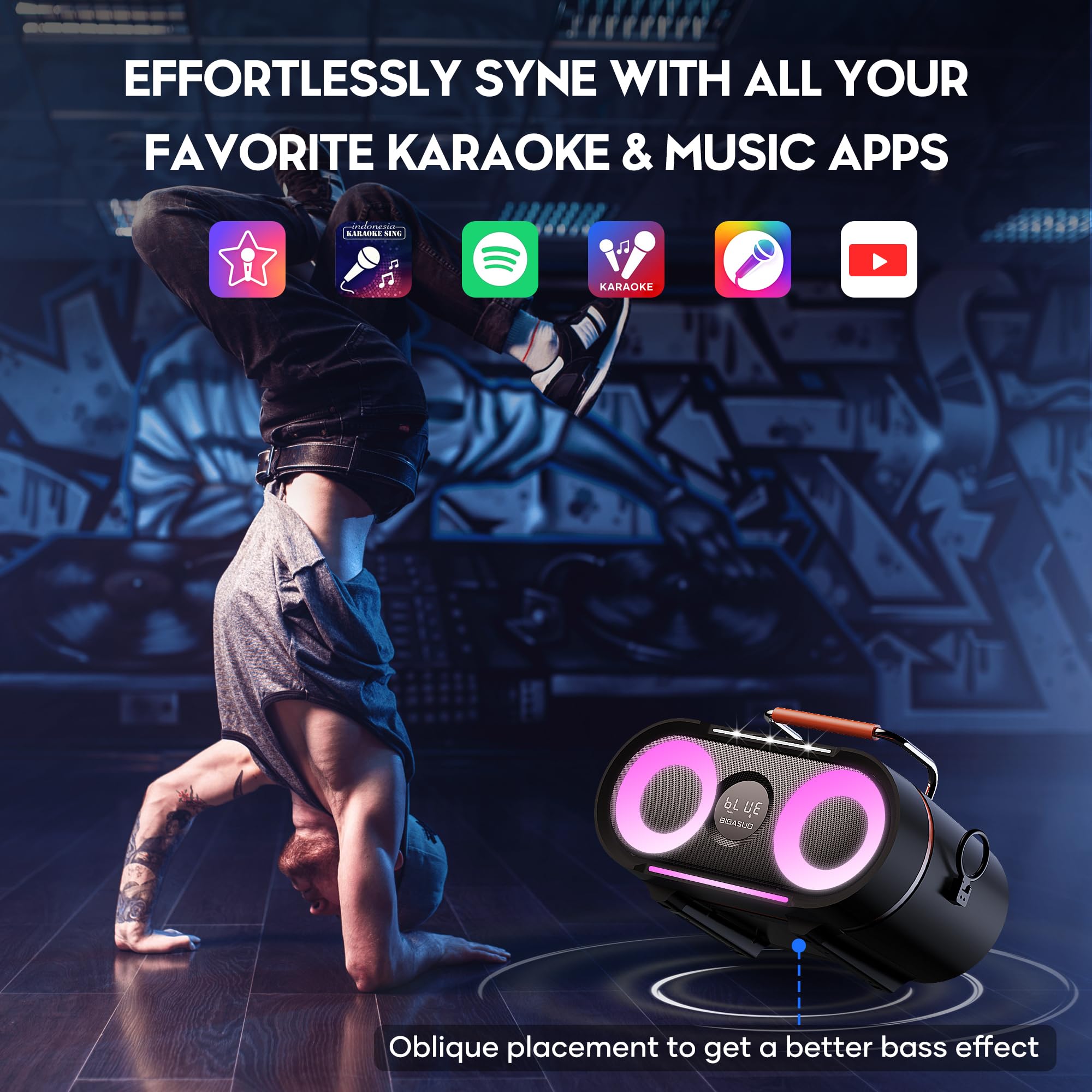 BIGASUO Portable Bluetooth Karaoke Machine with Deep Bass & Flashing Lights - Wireless PA Speaker System with 2 UHF Microphones for Home, Party, Wedding & Outdoor Singing | Perfect for Family Gatherings, Birthday Celebrations and Camping Entertainment
