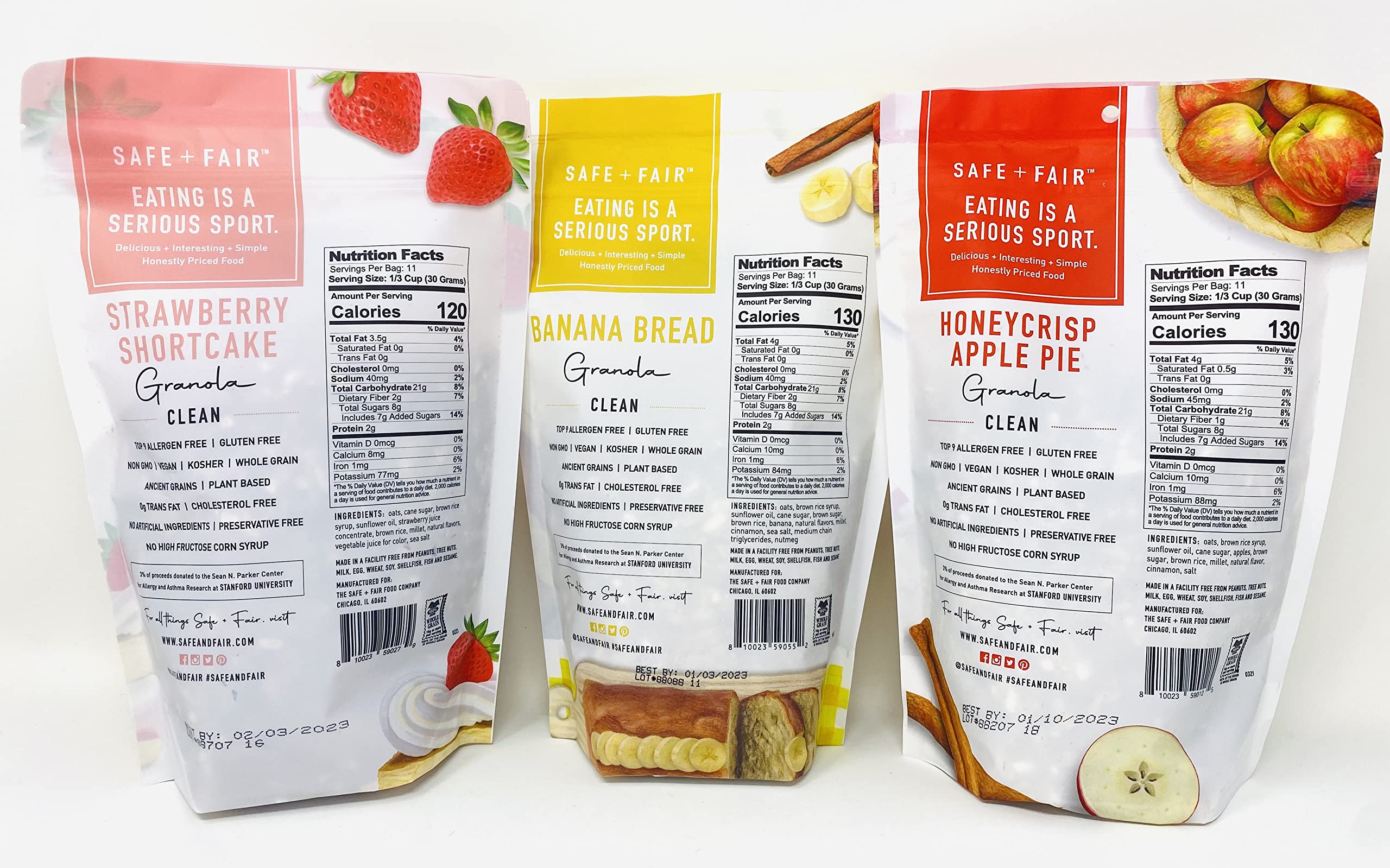 Safe + Fair Food Company Variety Bundle - Strawberry Shortcake, Banana Bread & Honeycrisp Apple Pie Granola (12oz) | Healthy Breakfast Snacks for Kids, Office & Travel | Gluten-Free, Non-GMO