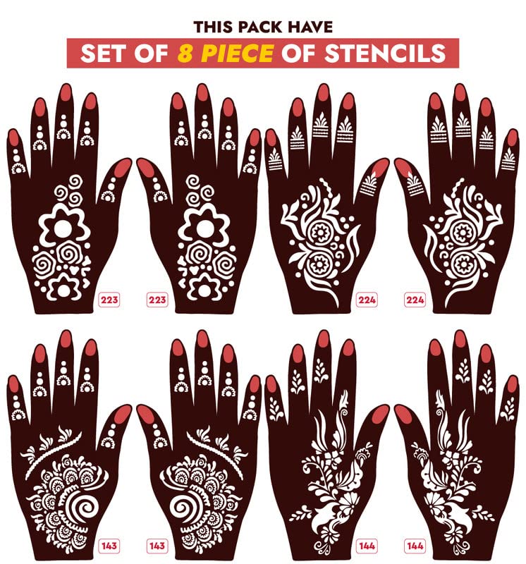 Apcute 8-Piece Henna Stencil Kit for Hands - Easy Mehndi Design Templates for Girls, Women & Kids | Quick DIY Mehndi Art | Perfect for Weddings, Parties & Festivals (Design-Set8-B-223-224-143-144)