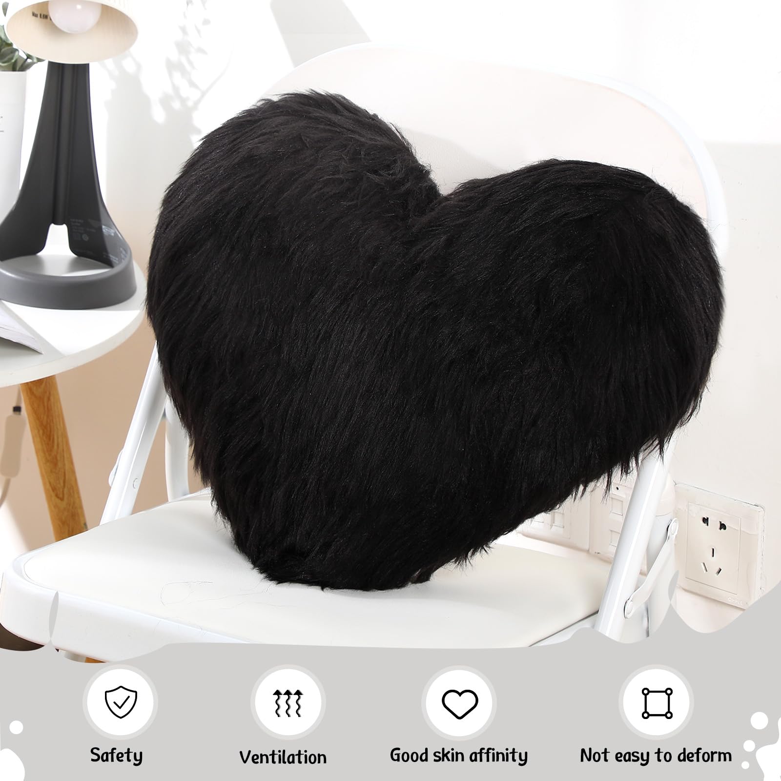 Enhon 2 Pack Fluffy Heart Shaped Pillows - 20x15.7 Inch Soft Faux Fur Throw Pillows with Insert for Valentine's Day, Wedding Decor, Bedroom, Living Room, Sofa & Office - Decorative Love Cushions (Black)