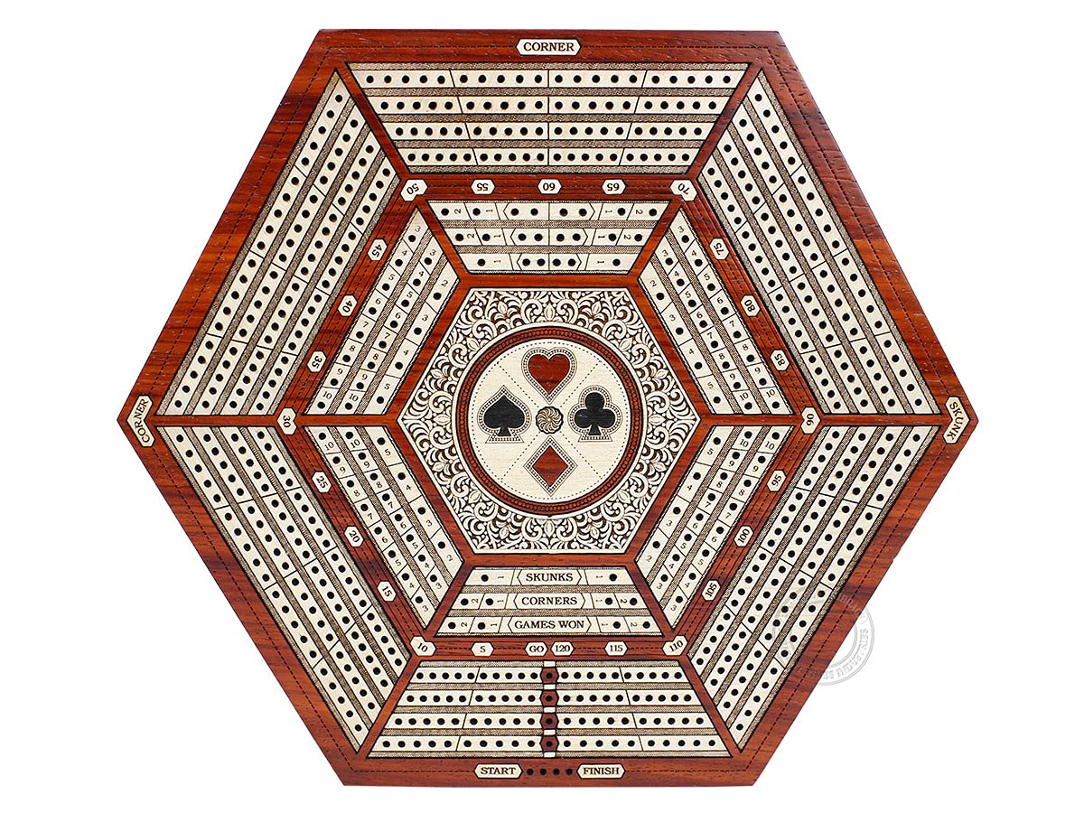 Premium Hexagonal Cribbage Board with 4 Continuous Tracks, Storage Drawer & Score Marking Fields - Blood Wood/White Maple - Perfect for Family Game Nights & Travel Entertainment
