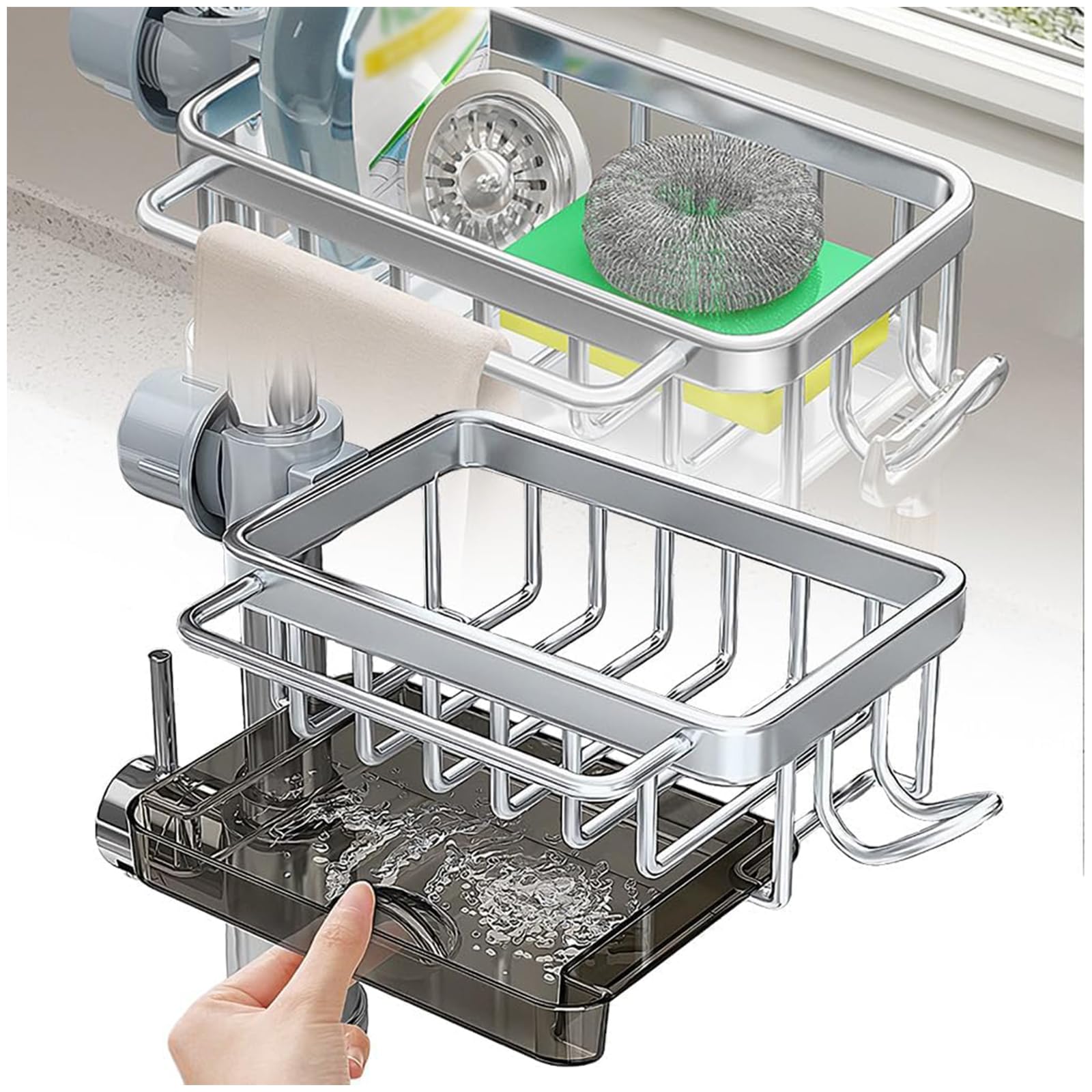2024 Adjustable Detachable Kitchen & Bathroom Sink Organizer Rack - Over Faucet Sponge & Soap Holder, Drain Storage Solution (Silver, Right) | Perfect for Small Spaces, Apartment Living & Clutter-Free Countertops
