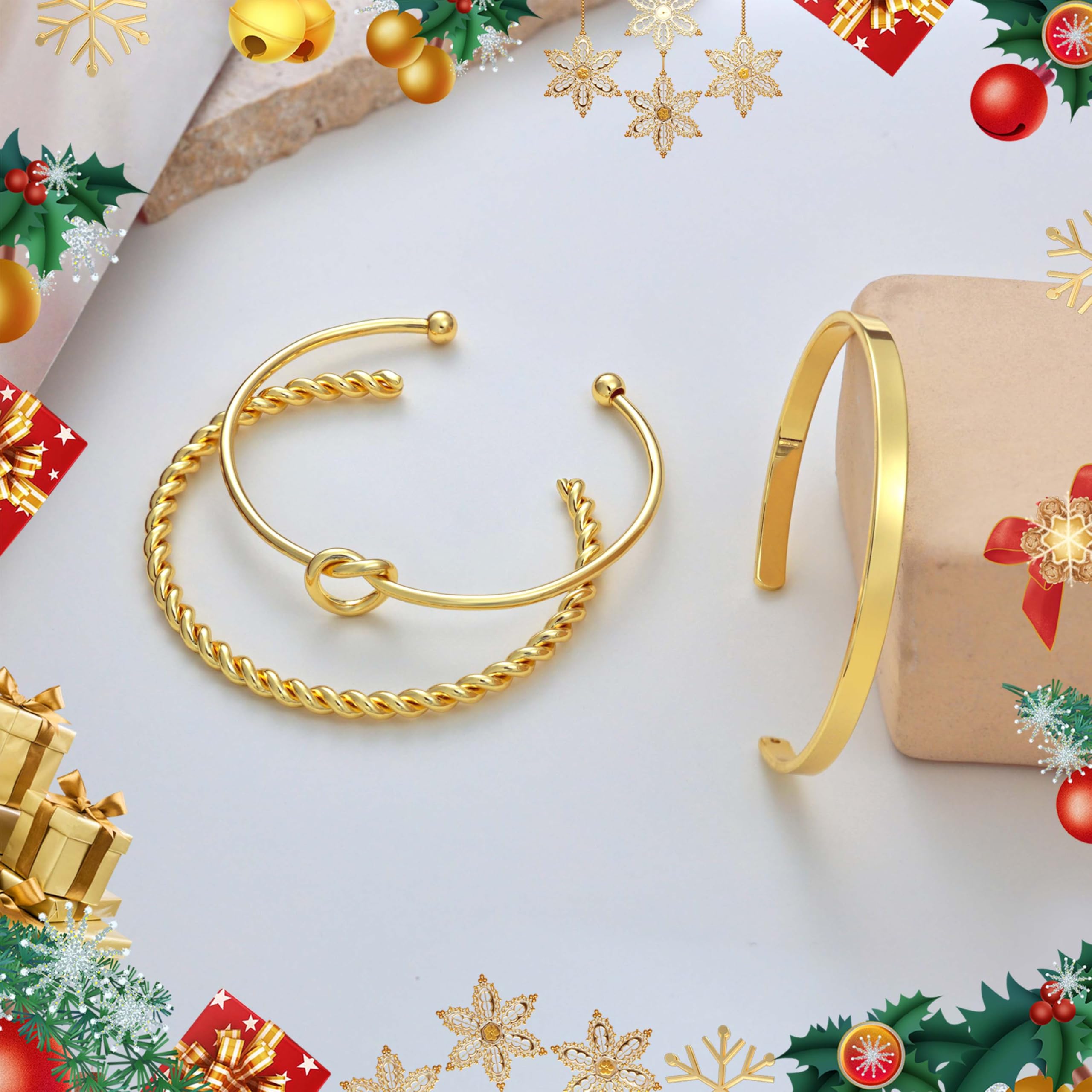 14K Gold Plated Bracelet Set for Women - 5pcs Adjustable Dainty Bangles & Link Cuffs, Non-Tarnish Gold Jewelry | Perfect for Christmas Gifts, Birthday, Anniversary & Everyday Wear