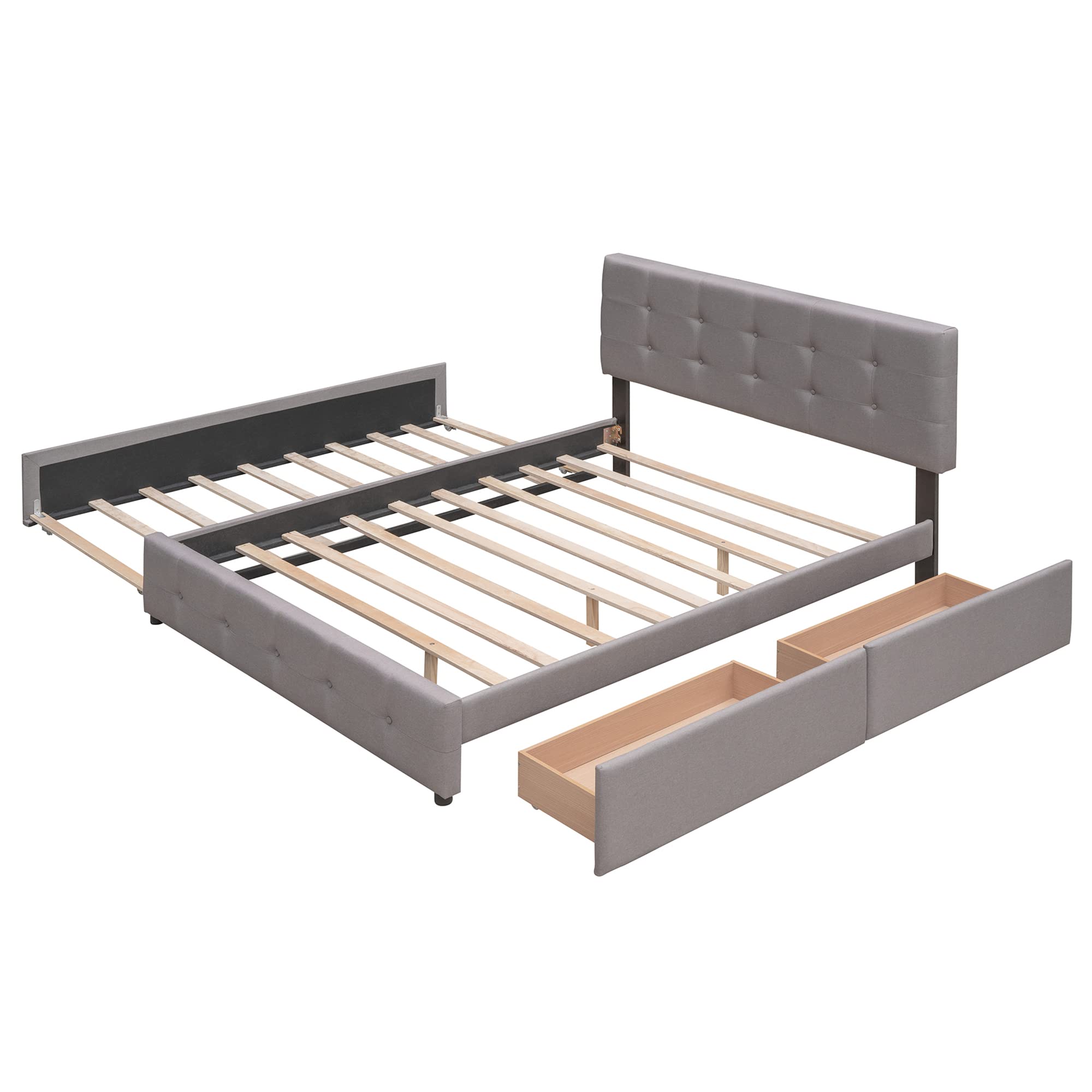 P PURLOVE Queen Size Upholstered Linen Platform Bed Frame with Tufted Headboard & 2 Storage Drawers - Twin XL Trundle Included, No Box Spring Needed, Light Gray - Perfect for Small Bedrooms, Guest Rooms & Modern Apartments