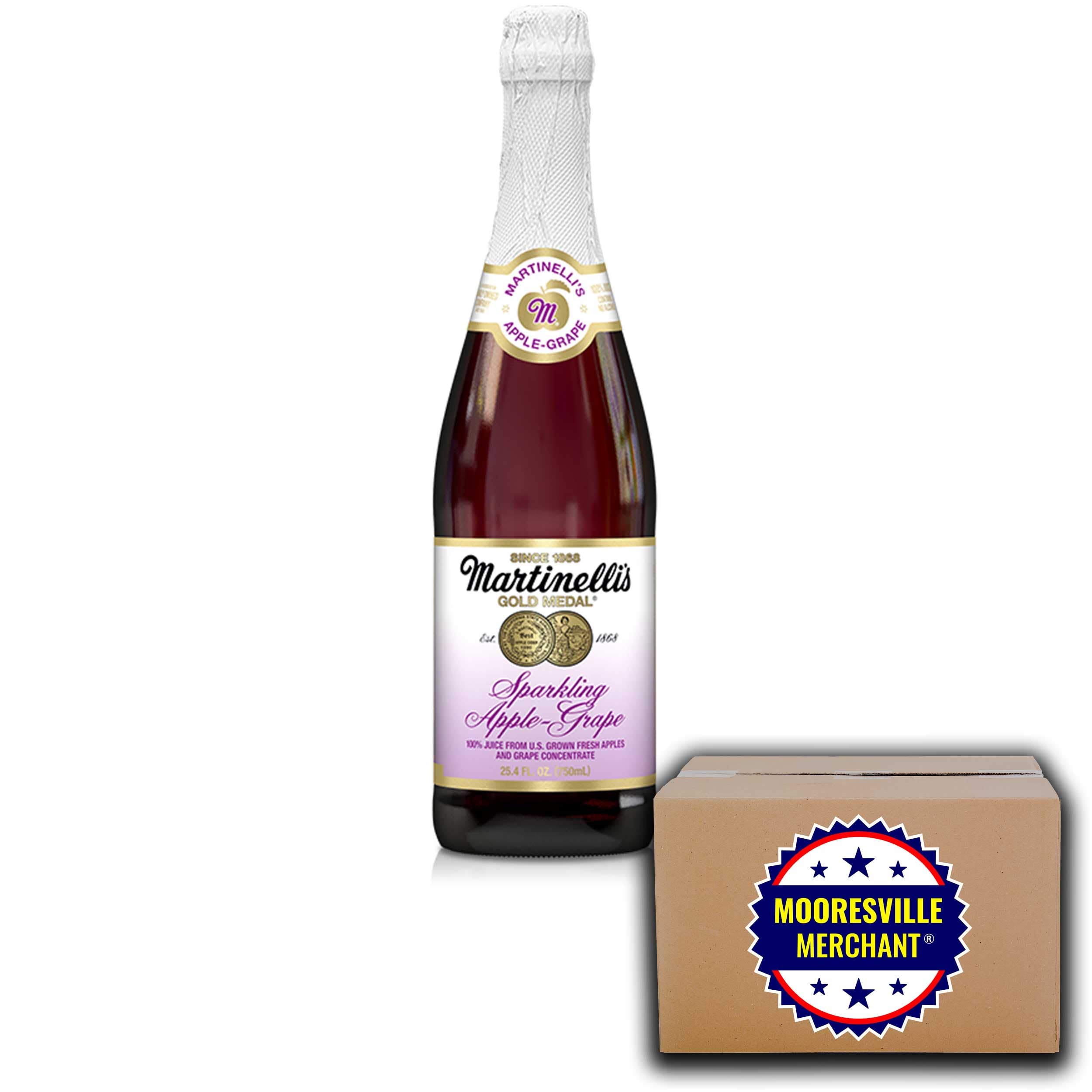 Medal Sparkling Apple-Grape Juice 100% Pure - 25.4 fl oz (2 Glass Bottles) with Mooresville Merchant Decal | Refreshing Beverage for Parties, Picnics & Gift Giving
