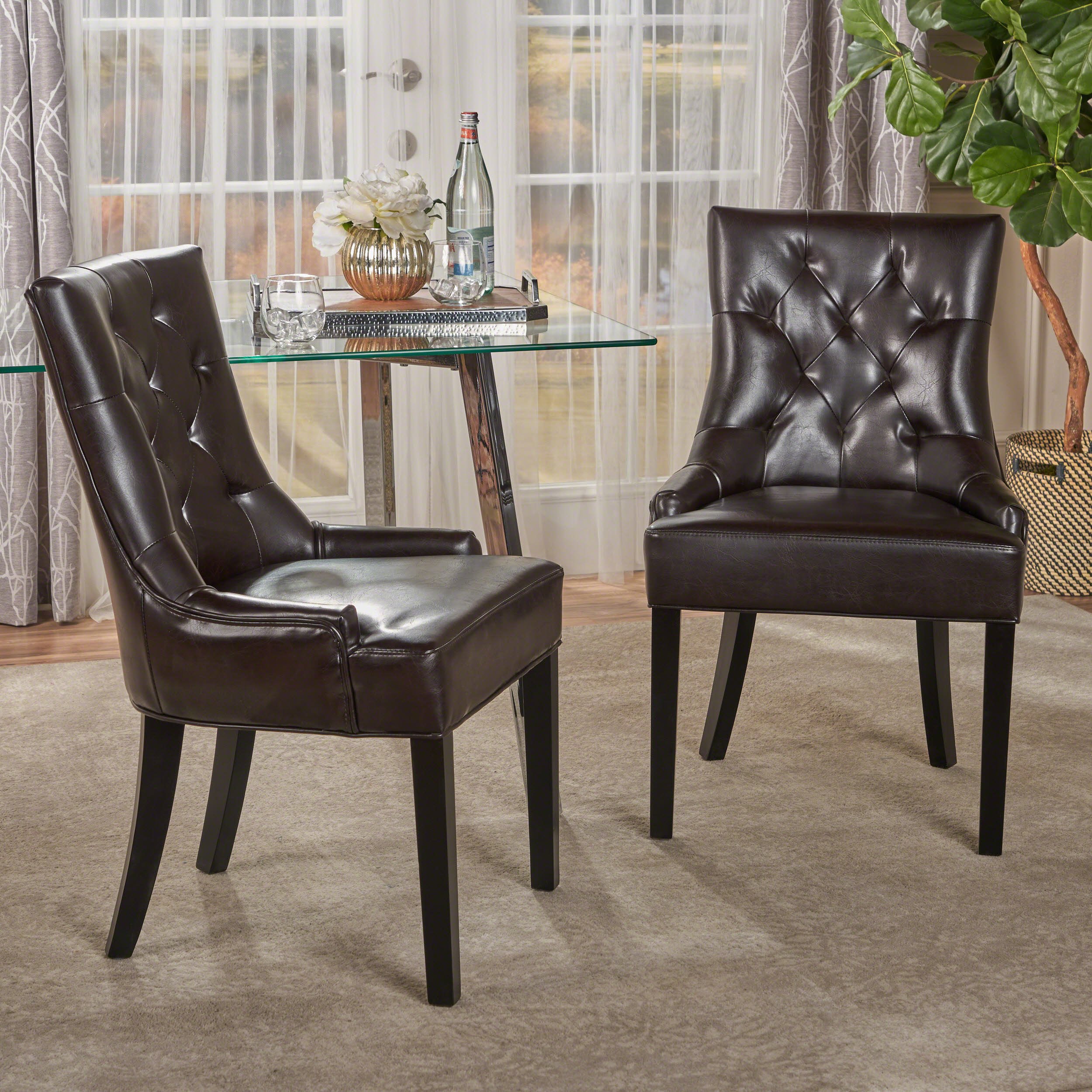 Christopher Knight Home Hayden Tufted Brown Leather Dining Chairs Set of 2 - Premium Brown Leather Upholstered Dining Room Chairs for Kitchen, Dining Table, and Home Decor