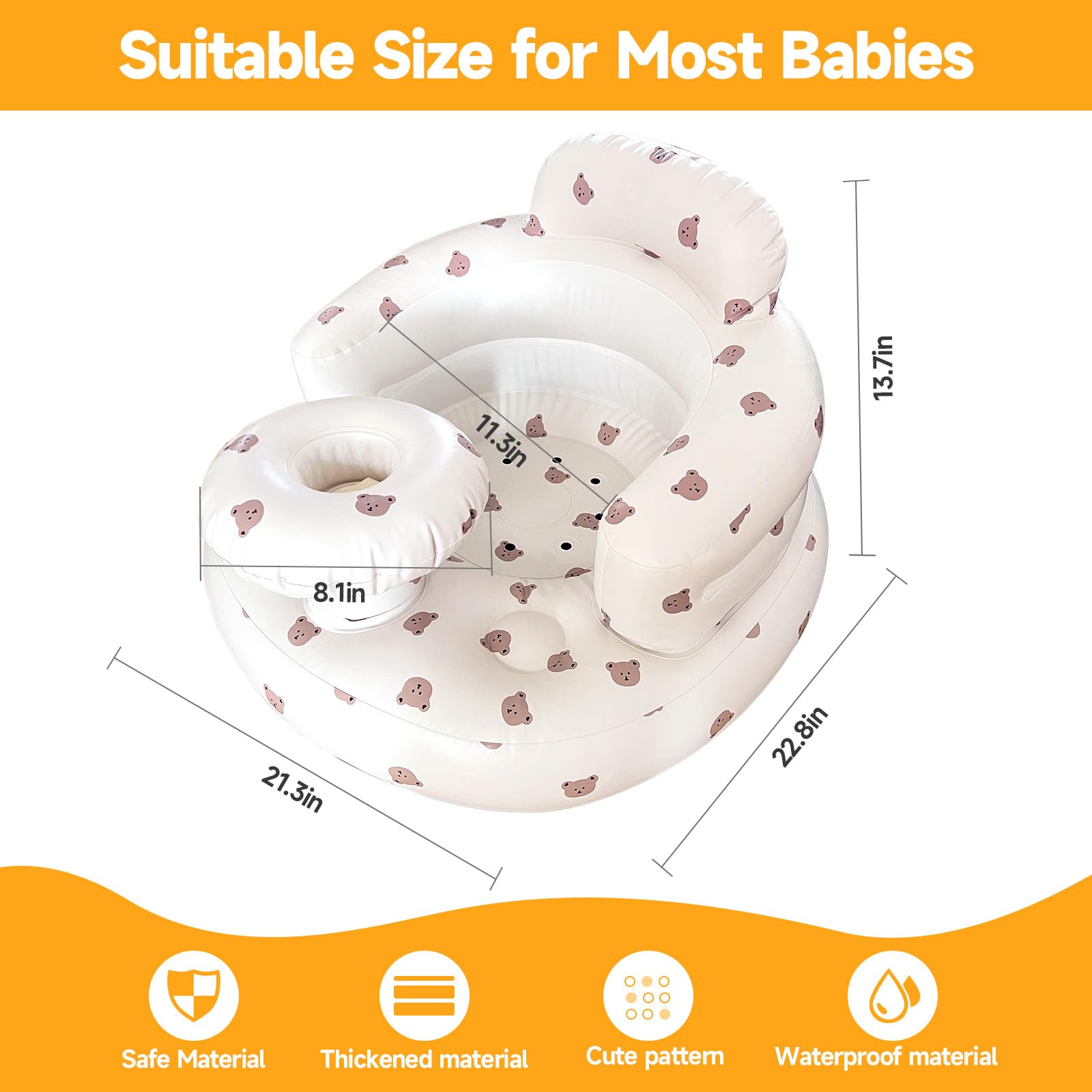 Inflatable Baby Floor Seat with Tray & Built-in Air Pump - Soft Support Chair for Infants 3 Months+ (Bear Design) - Perfect for Playtime, Feeding & Learning to Sit