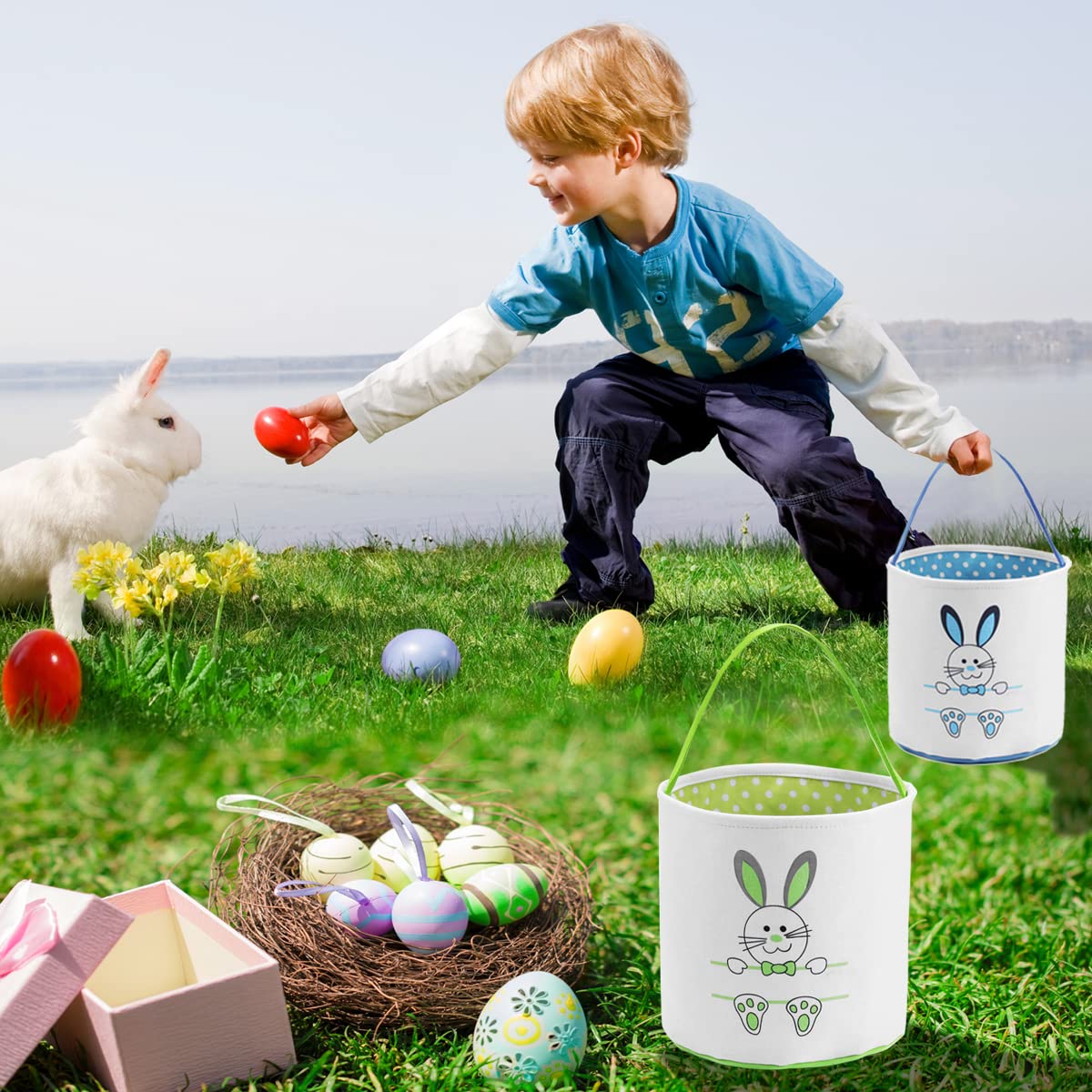 Personalized Easter Bunny Basket Bags for Kids - Cotton Canvas Easter Egg Hunt Bags with Cute Rabbit Print - Perfect for Easter Eggs, Candy & Gifts (Green) | Great for Easter Celebrations, Egg Hunts & Party Favors