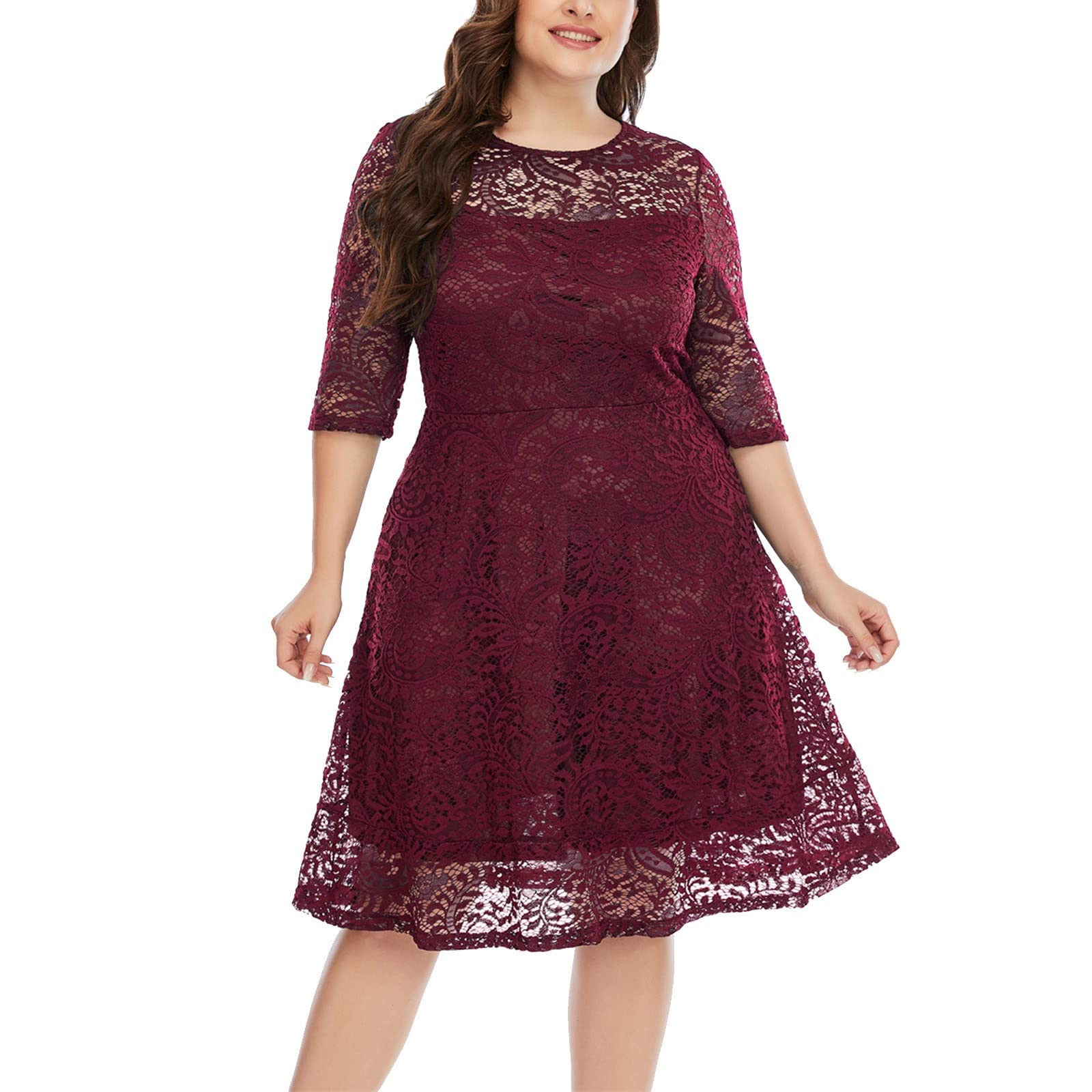 **Women's Plus Size Floral Lace Midi Dress - Scoop Neck Cocktail Party Dress in Champagne | Elegant Evening Wear for Weddings, Dinners & Special Occasions**