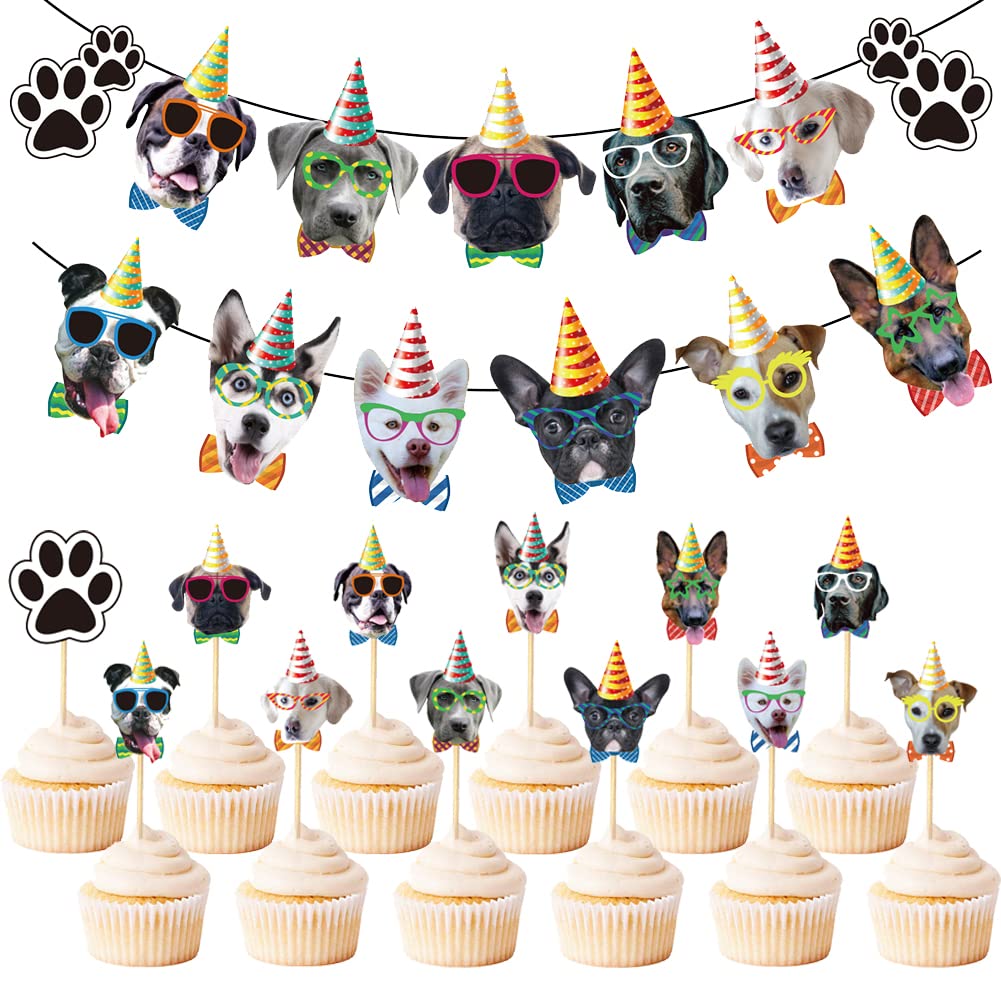 Premium Dog Face Cupcake Toppers & Birthday Banner Set - Pet Party Decorations for Dog Theme Birthday Cakes, Puppy Celebration Supplies | Perfect for Dog Birthday Parties, Adoption Events & Pet-Friendly Gatherings